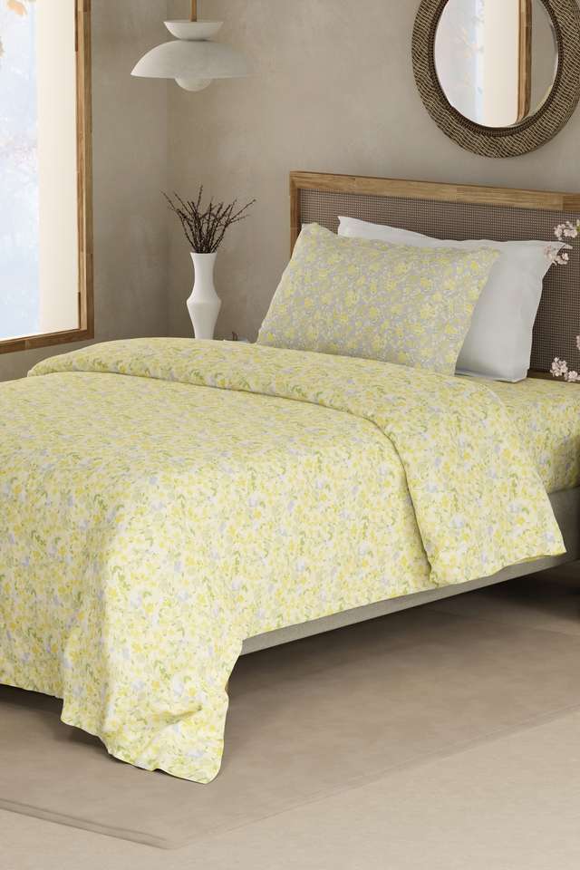 Valatia-100--Cotton-200-TC-Single-Bedsheet-with-1-Pillow-Cover---Yellow-Floral