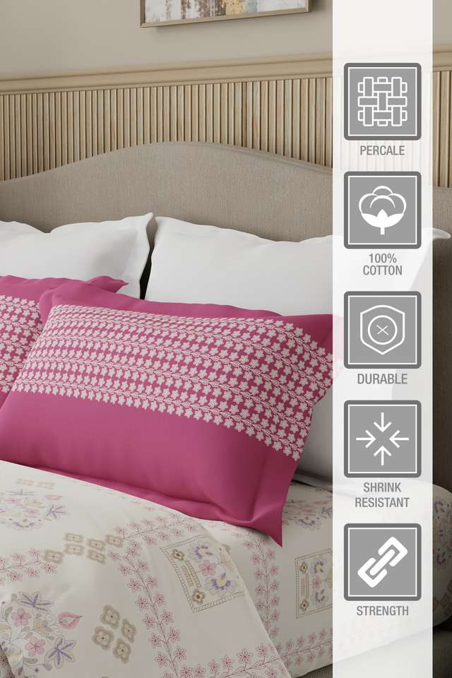 Valatia-100--Cotton-200-TC-Karigari-Printed-Double-Bedsheet-with-2-Pillow-Covers---Pink-&-White