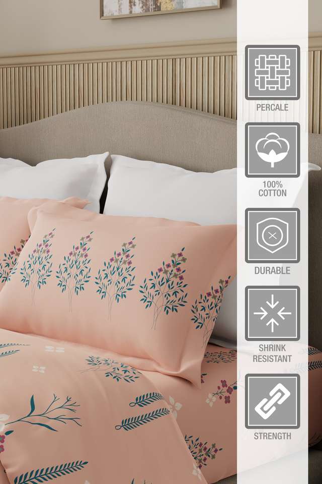 Valatia-100--Cotton-200-TC-Karigari-Printed-Double-Bedsheet-with-2-Pillow-Covers---Peach