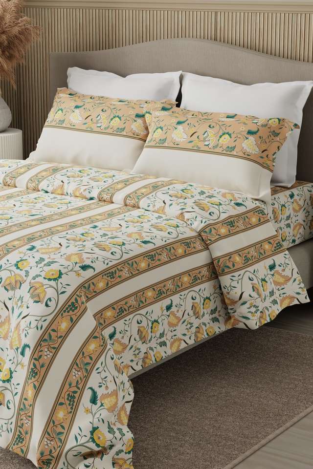 Valatia-100--Cotton-200-TC-Karigari-Printed-Double-Bedsheet-with-2-Pillow-Covers---Yellow-&-White