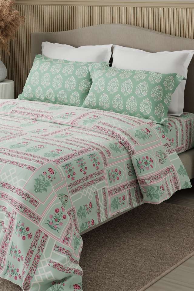 Valatia-100--Cotton-200-TC-Karigari-Printed-Double-Bedsheet-with-2-Pillow-Covers---Green-&-Pink