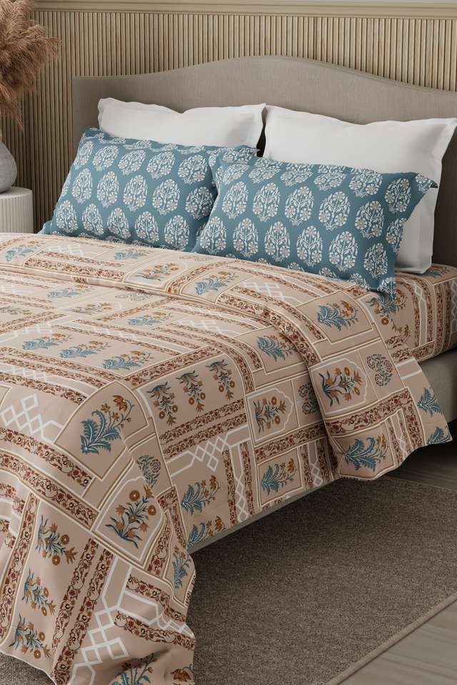 Valatia-100--Cotton-200-TC-Karigari-Printed-Double-Bedsheet-with-2-Pillow-Covers---Brown-&-Pink