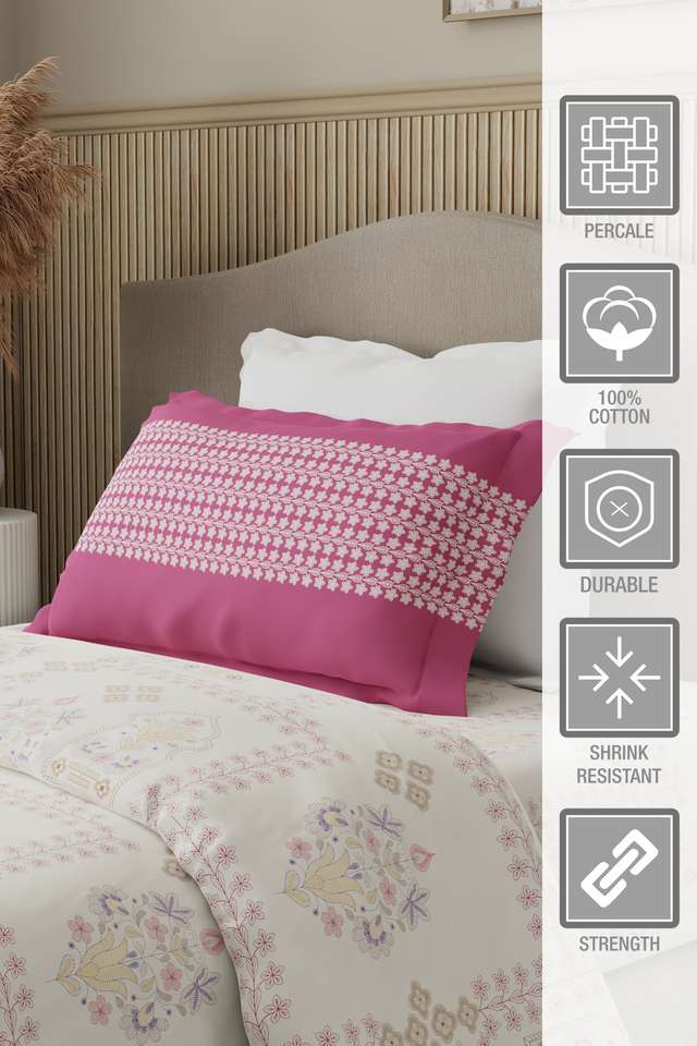 Valatia-100--Cotton-200-TC-Karigari-Printed-Single-Bedsheet-with-1-Pillow-Cover---Pink-&-White