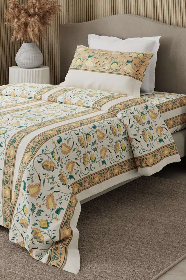 Valatia-100--Cotton-200-TC-Karigari-Printed-Single-Bedsheet-with-1-Pillow-Cover---Yellow-&-White