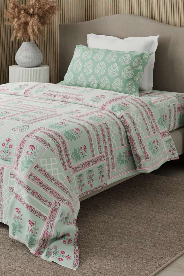 Valatia-100--Cotton-200-TC-Karigari-Printed-Single-Bedsheet-with-1-Pillow-Cover---Green-&-Pink
