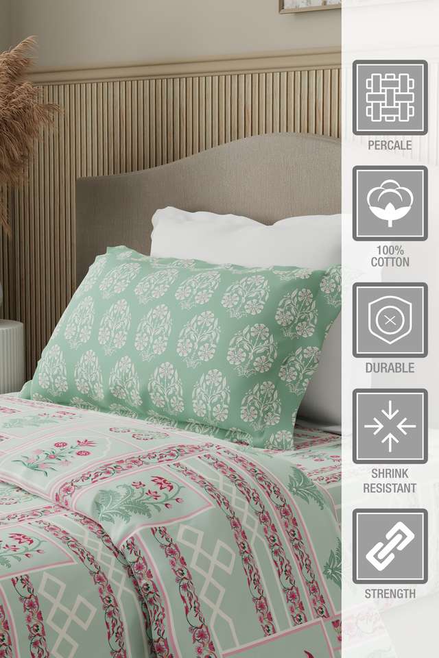 Valatia-100--Cotton-200-TC-Karigari-Printed-Single-Bedsheet-with-1-Pillow-Cover---Green-&-Pink