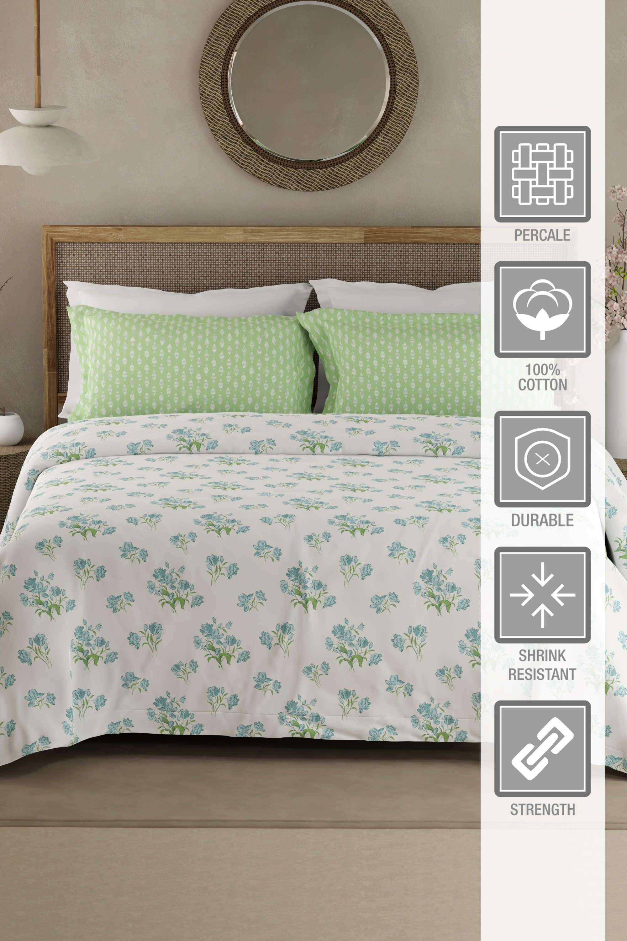 Valatia-100--Cotton-200-TC-White-&-Green-Floral-King-Bedsheet-with-2-Pillow-Covers