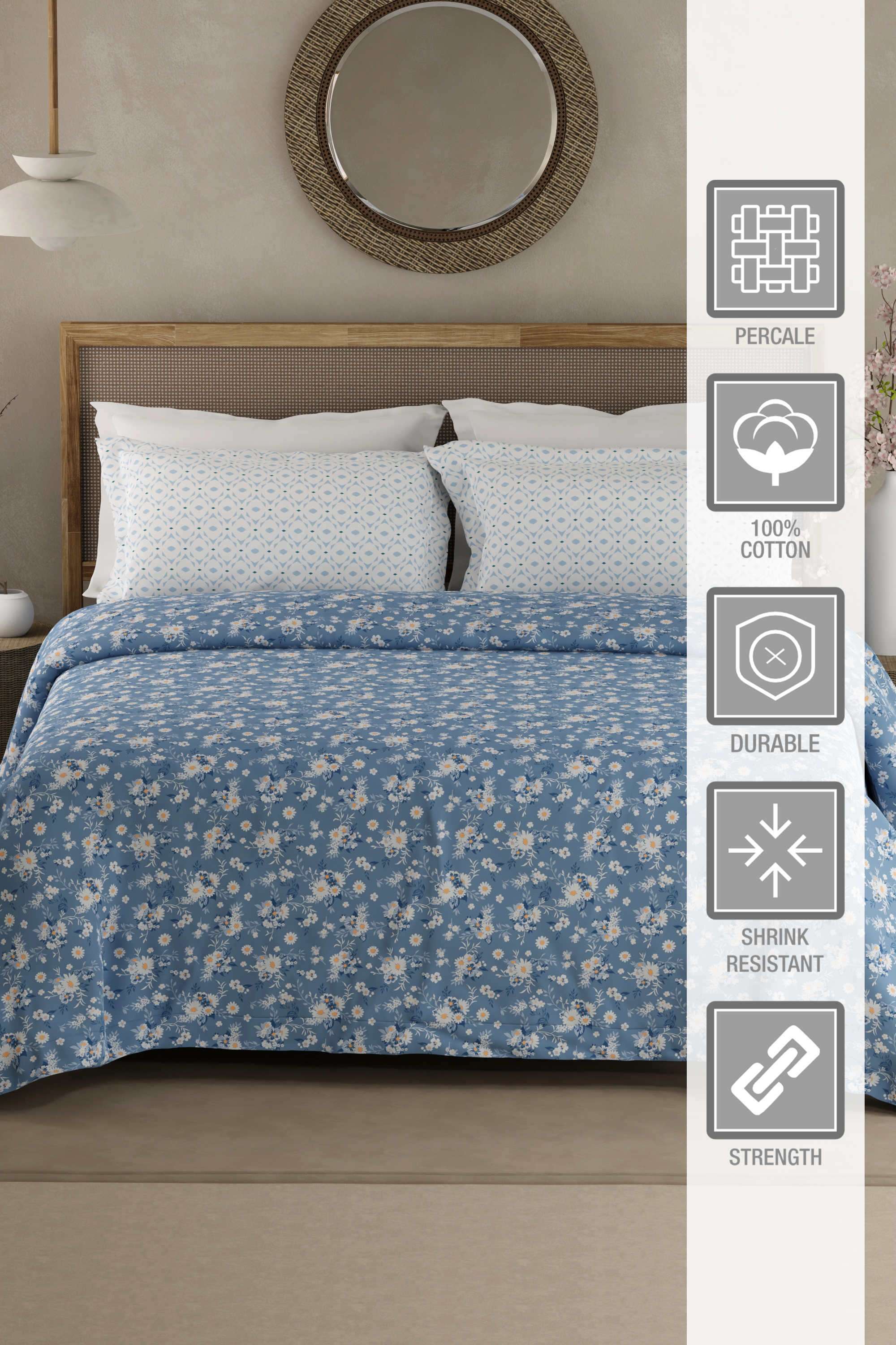 Valatia-100--Cotton-200-TC-Blue-Floral-King-Bedsheet-with-2-Pillow-Covers