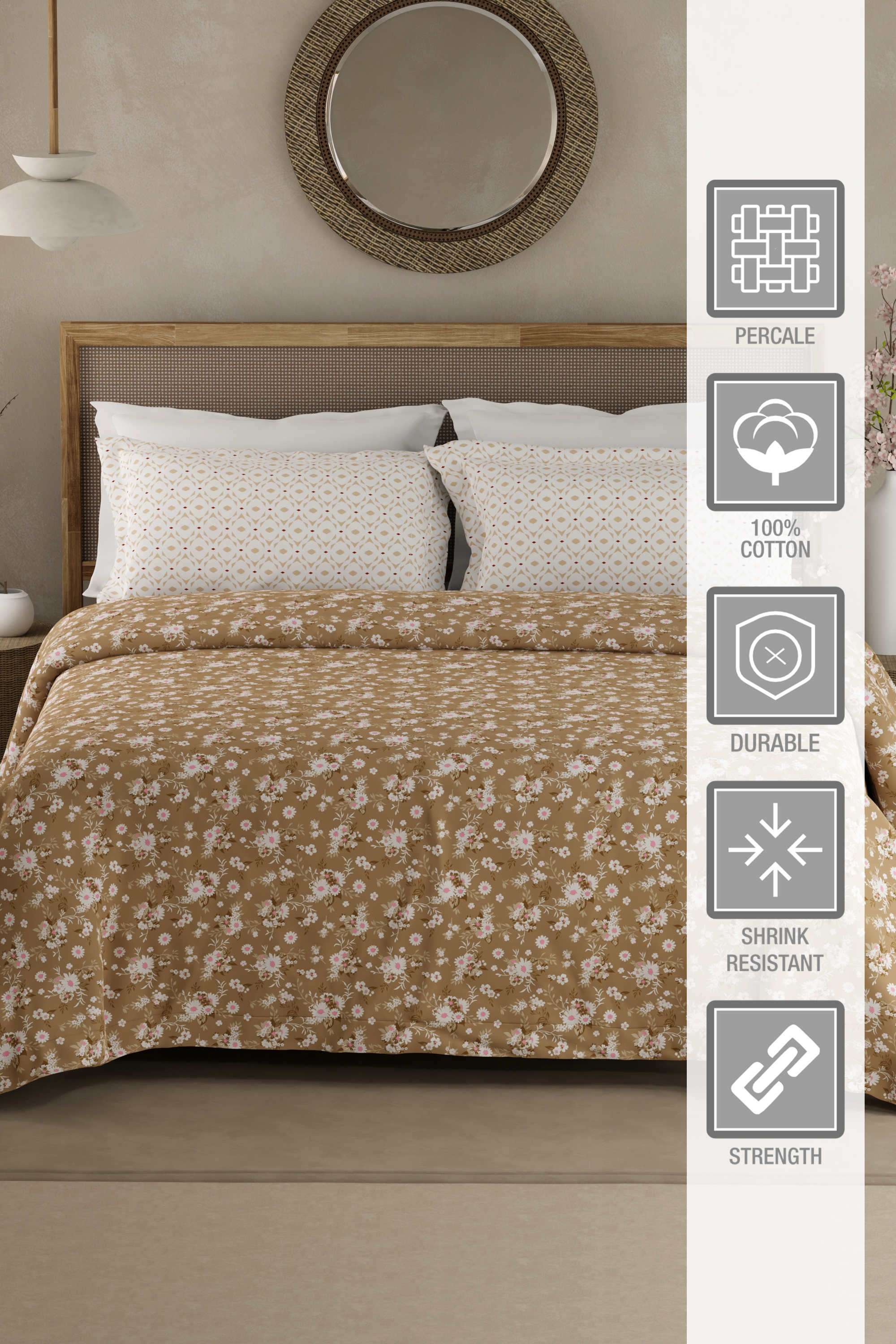 Valatia-100--Cotton-200-TC-Brown-Floral-King-Bedsheet-with-2-Pillow-Covers