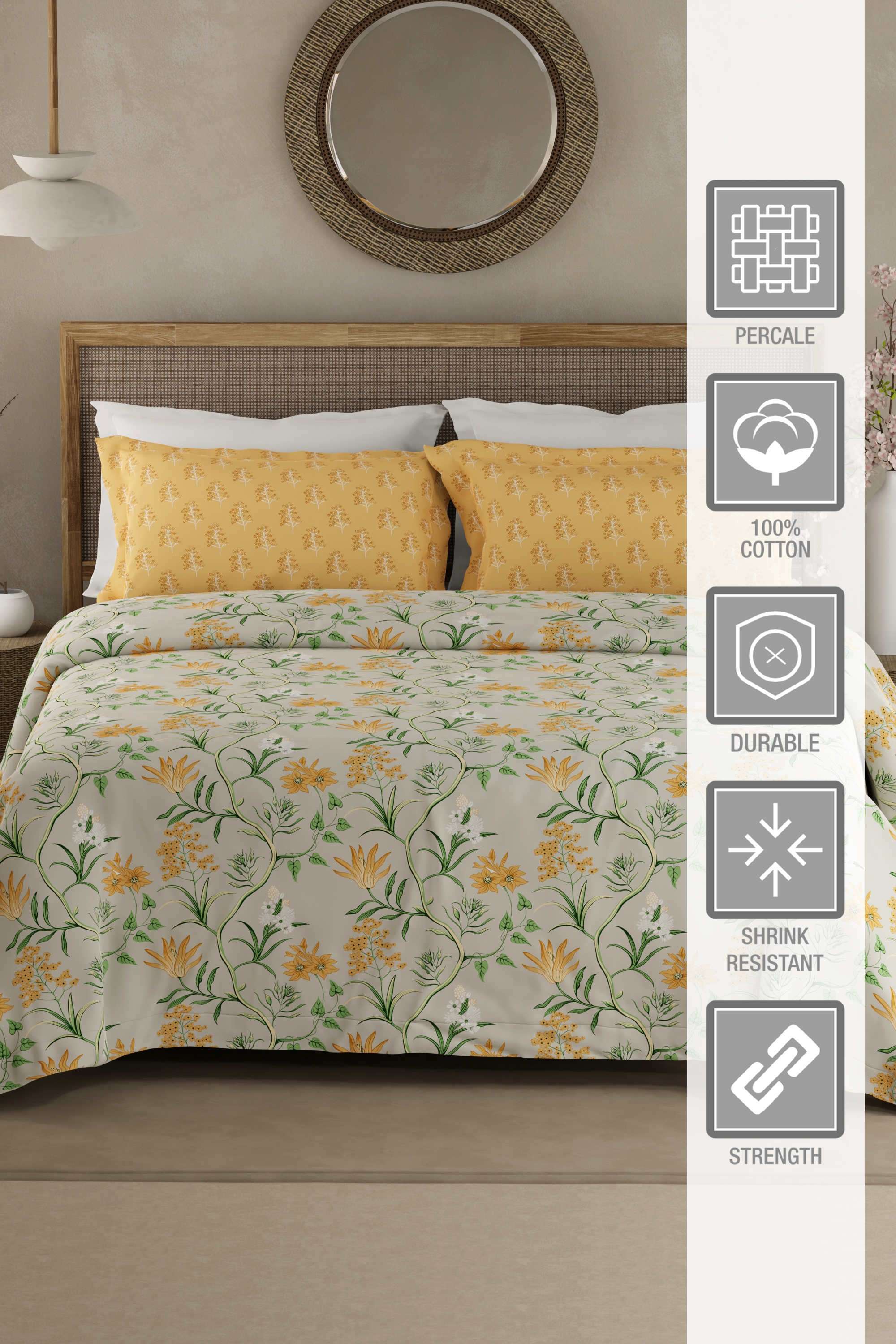Valatia-100--Cotton-200-TC-Yellow-&-Green-Floral-King-Bedsheet-with-2-Pillow-Covers