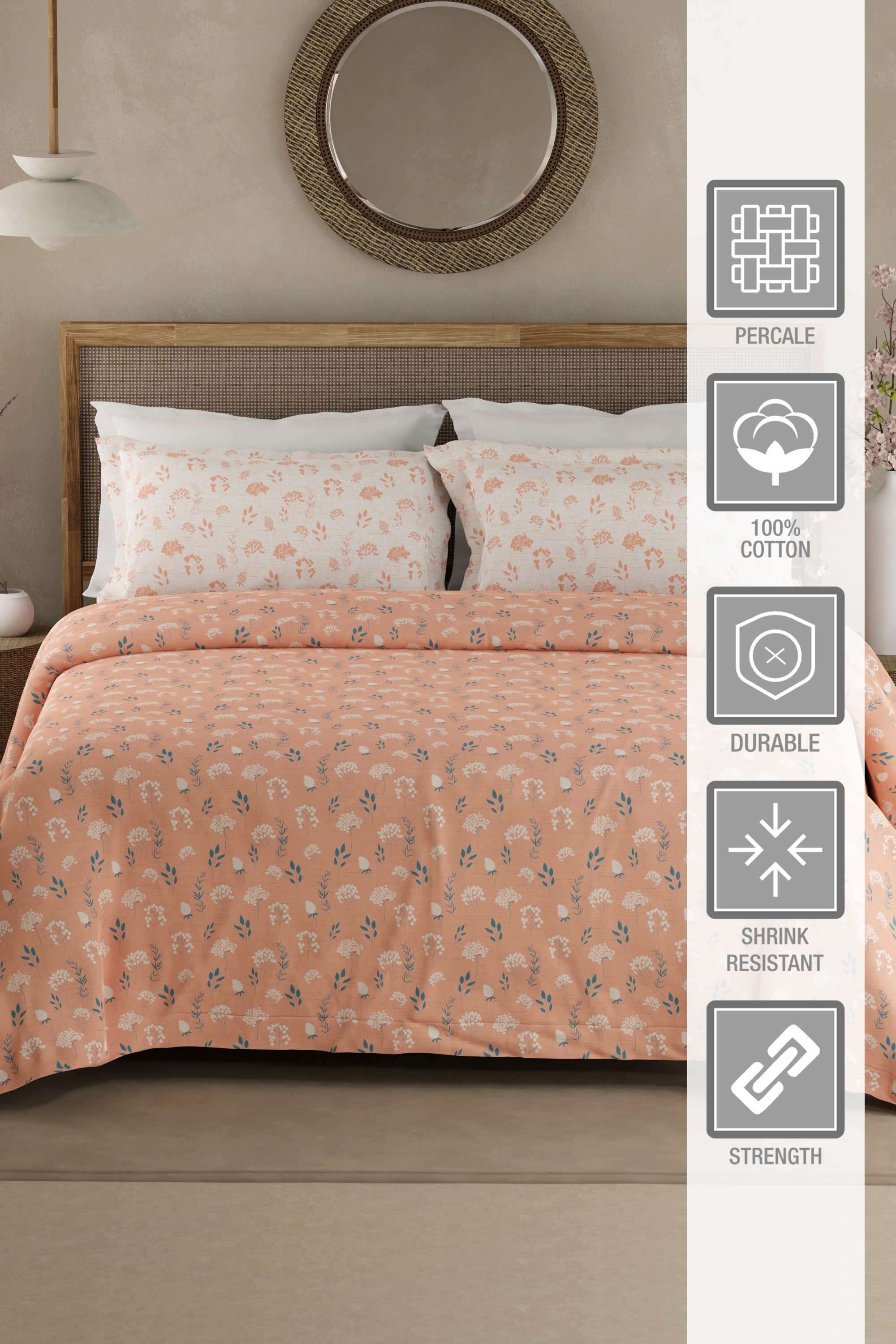 Valatia-100--Cotton-200-TC-Peach-Floral-King-Bedsheet-with-2-Pillow-Covers