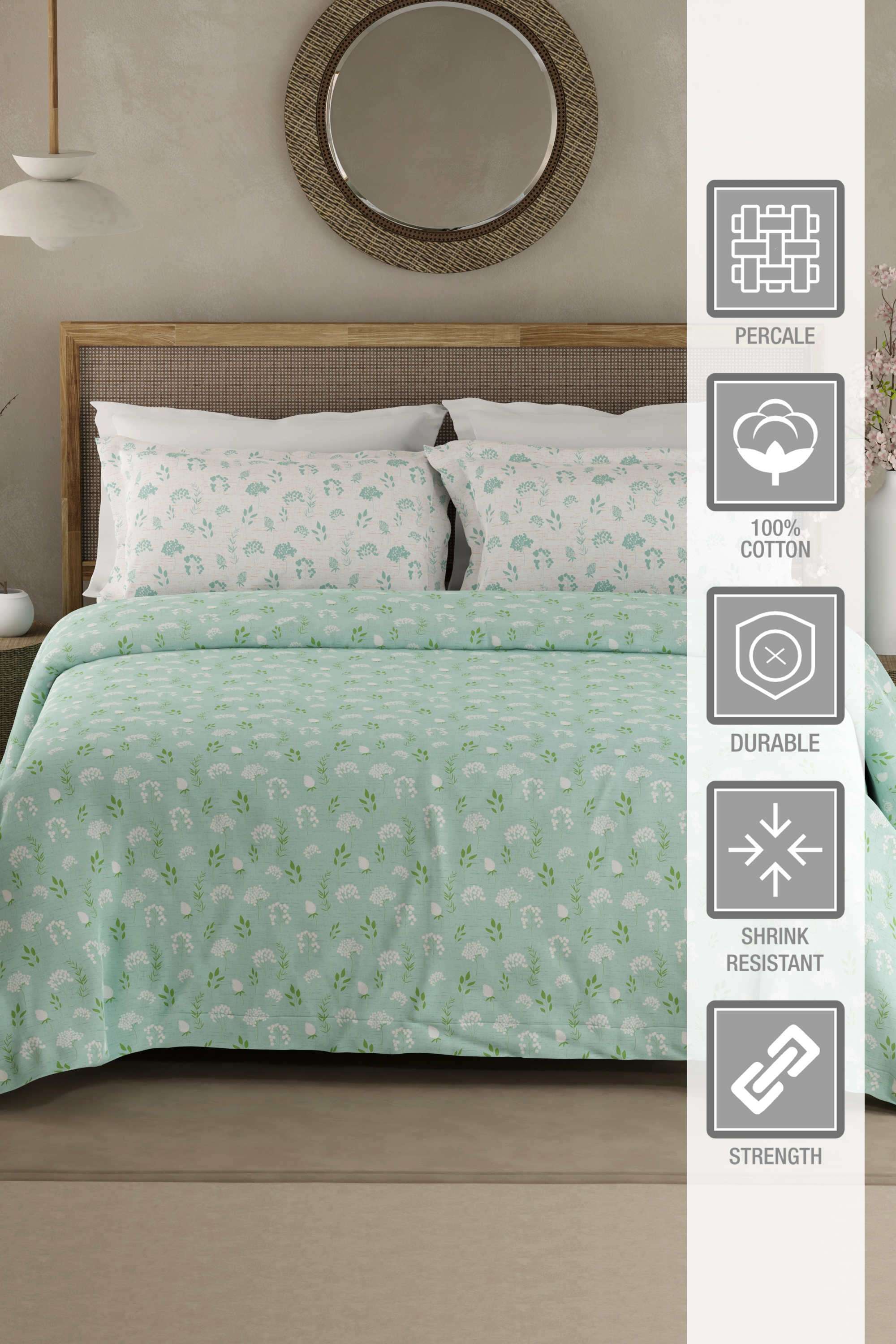 Valatia-100--Cotton-200-TC-Green-Floral-King-Bedsheet-with-2-Pillow-Covers