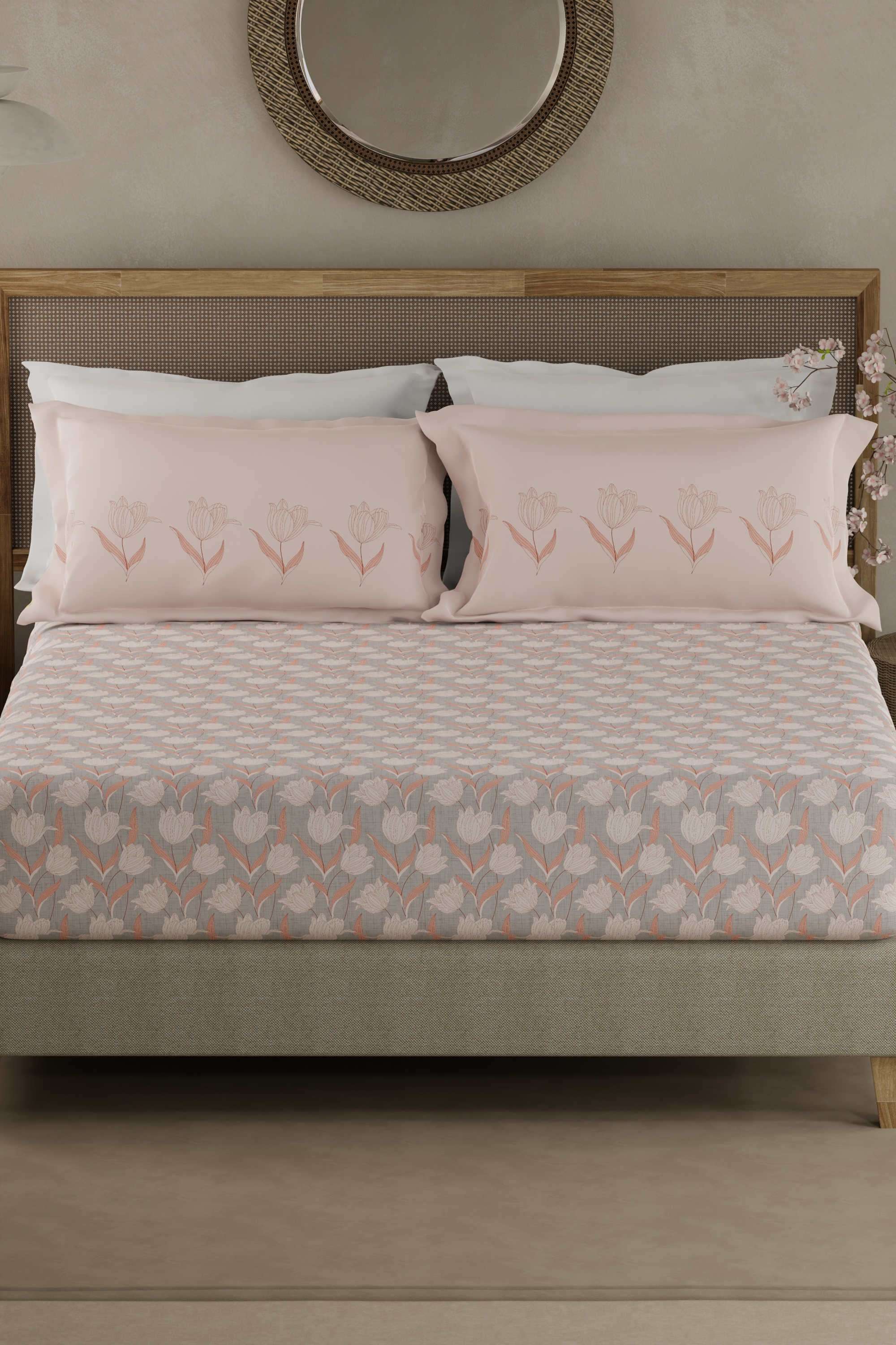 Valatia-100--Cotton-200-TC-Pink-&-Grey-Floral-King-Fitted-Bedsheet-with-2-Pillow-Covers