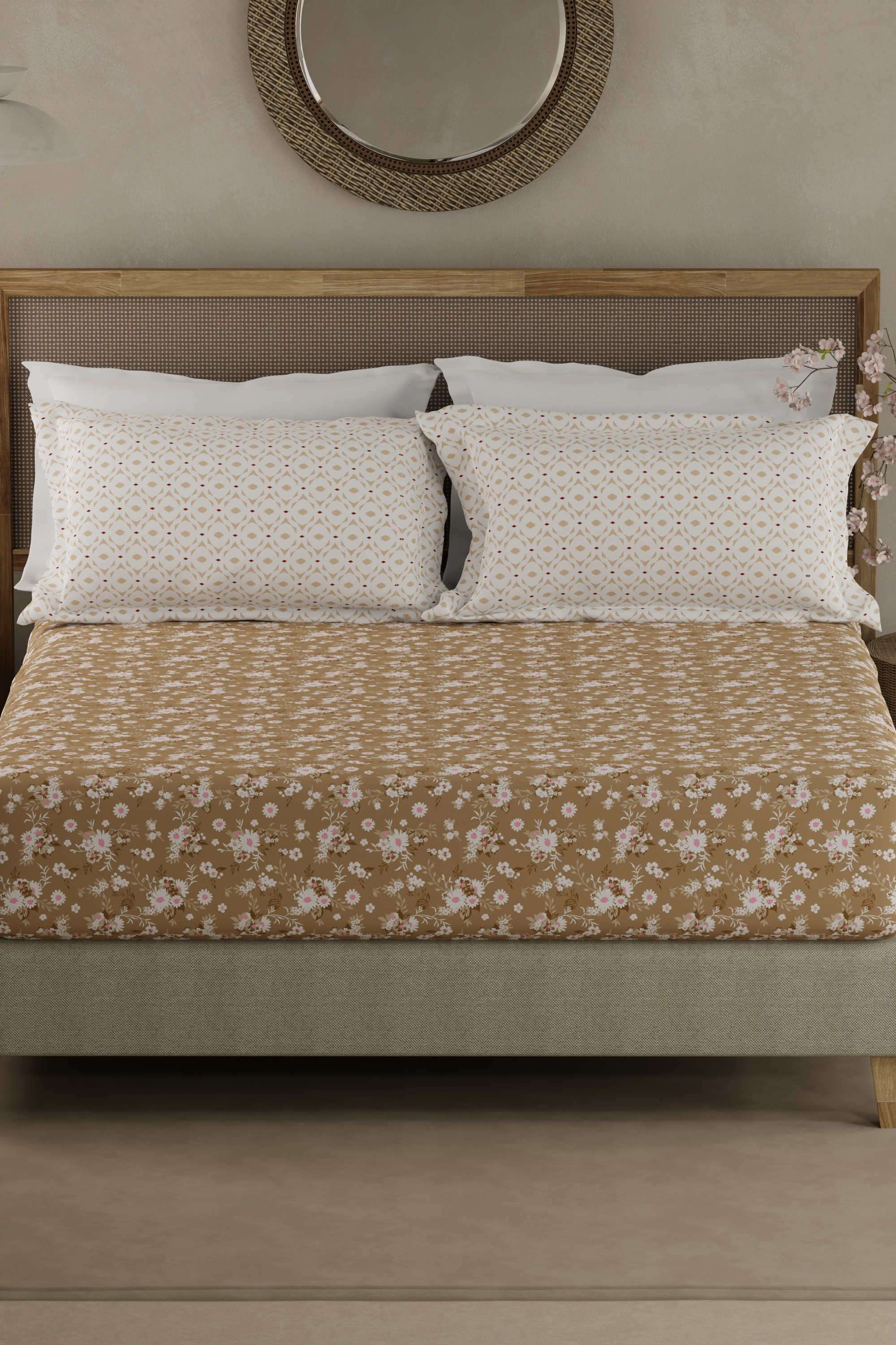 Valatia-100--Cotton-200-TC-Brown-Floral-King-Fitted-Bedsheet-with-2-Pillow-Covers