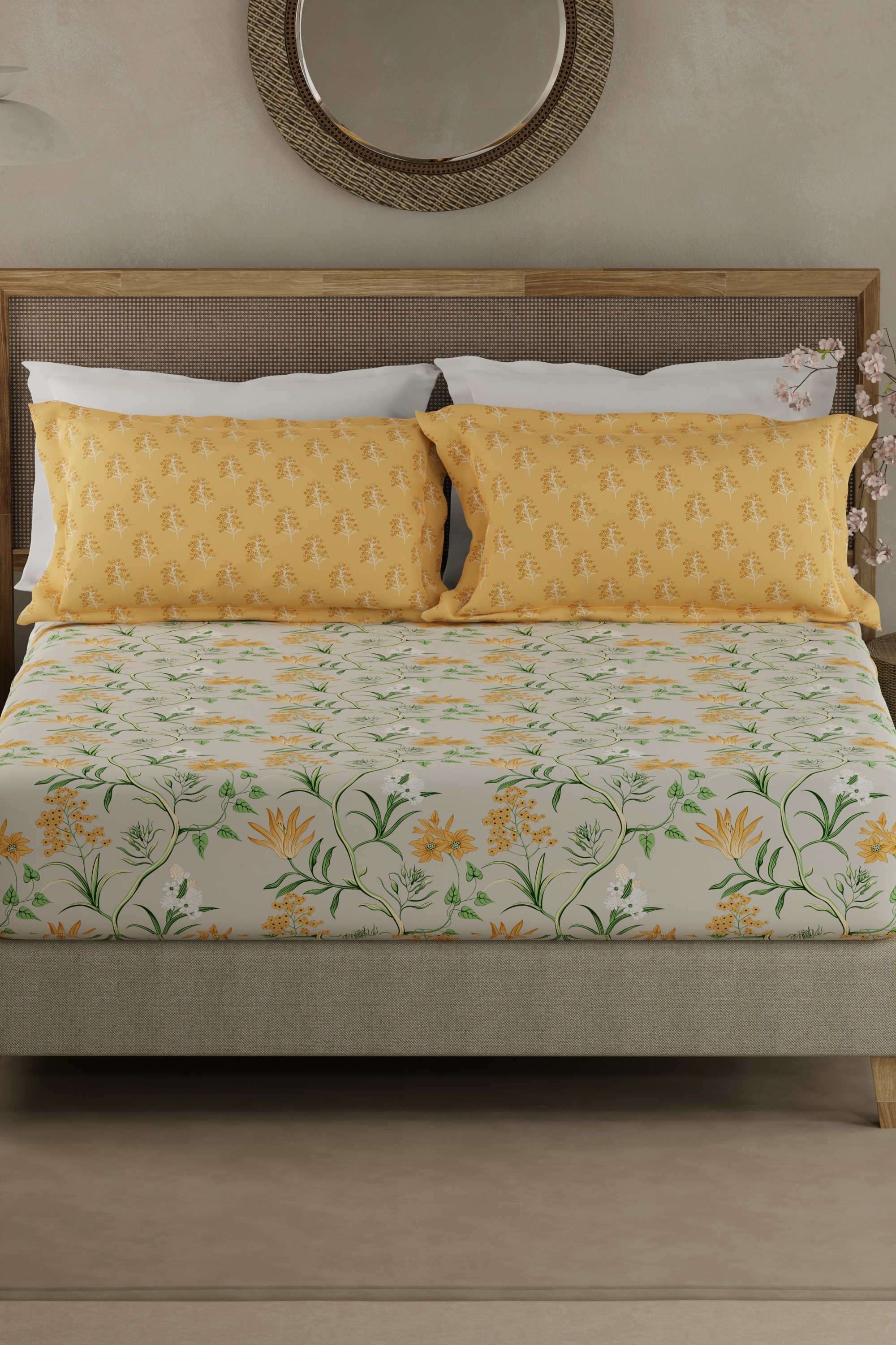 Valatia-100--Cotton-200-TC-Yellow-&-Green-Floral-King-Fitted-Bedsheet-with-2-Pillow-Covers