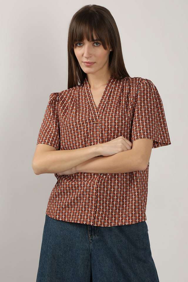 Geometric-Print-Polyester-V-Neck-Women-s-Top
