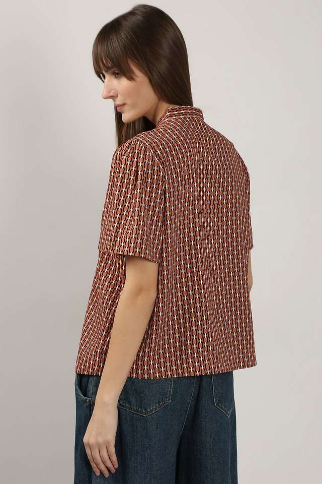 Geometric-Print-Polyester-V-Neck-Women-s-Top