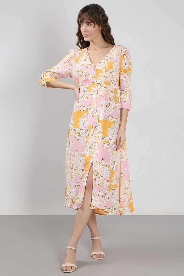 Buy VERO MODA Pink Printed Viscose Flared Fit Women's Midi Dress | Shoppers  Stop