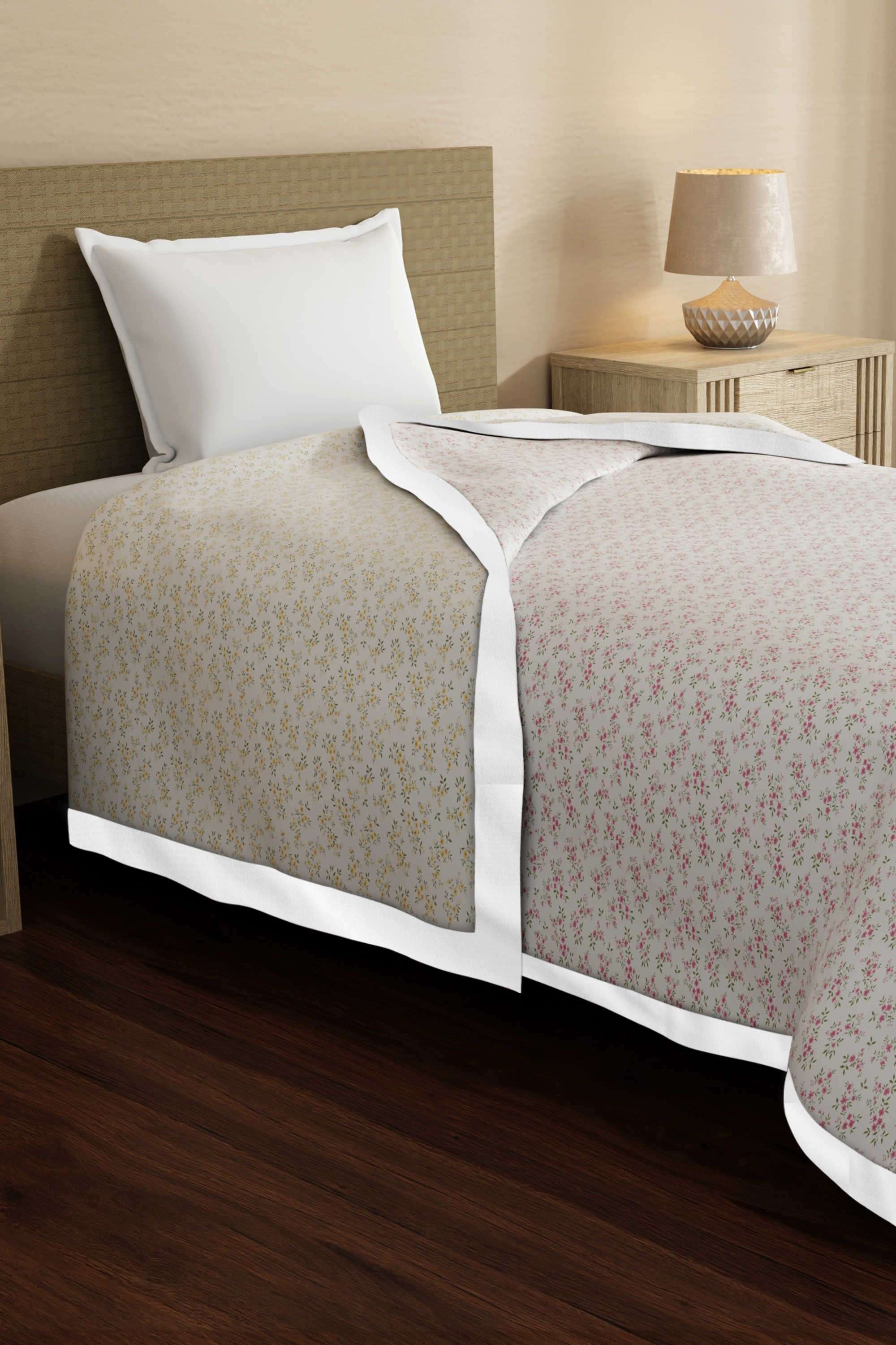 Zen-Living-100--Tencel-250-TC-White-&-Grey-Floral-Reversible-Single-Size-Dohar-(90-L-x-60-W-inches)