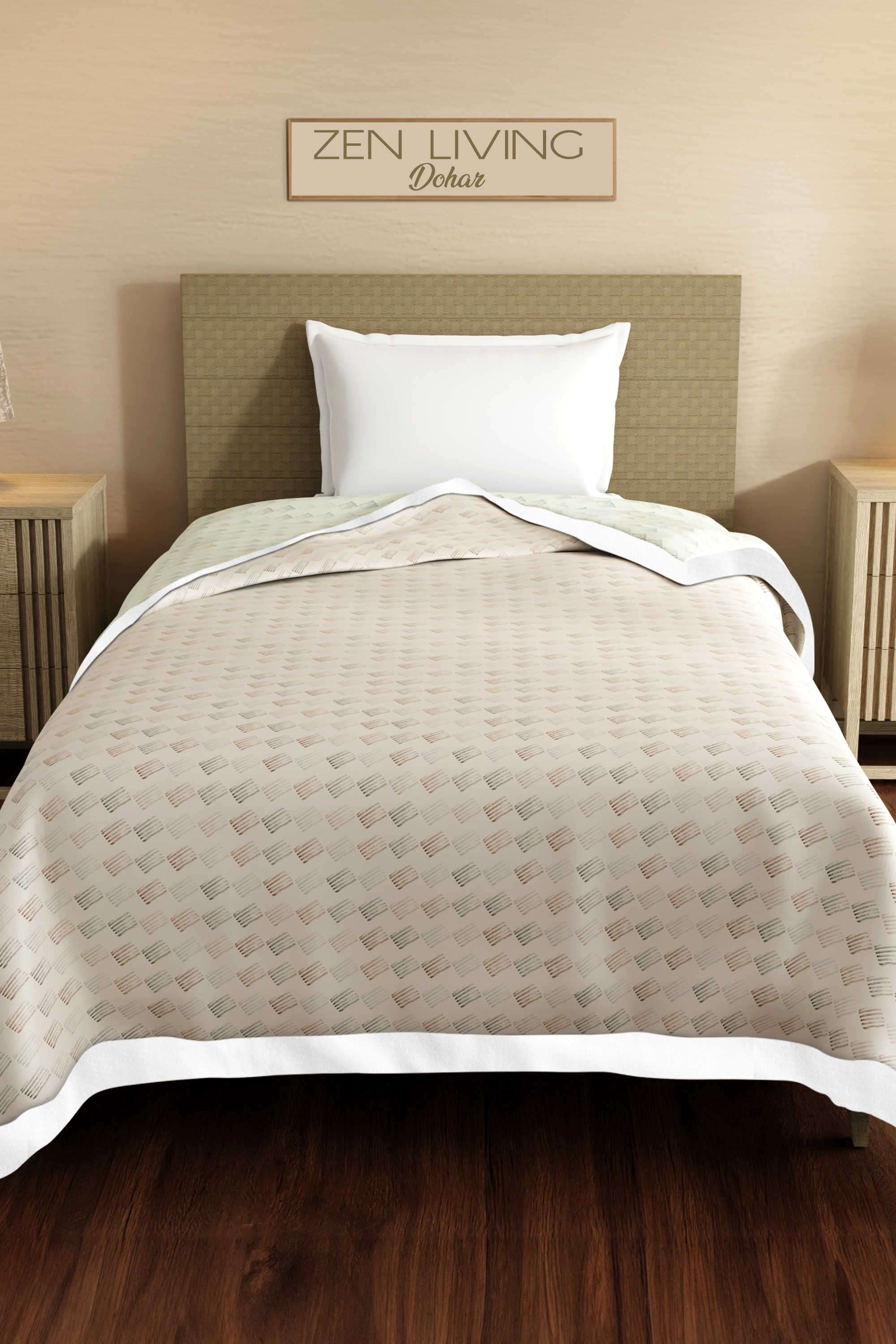 Zen-Living-100--Tencel-250-TC-Beige-&-White-Printed-Reversible-Single-Size-Dohar-(90-L-x-60-W-inches)