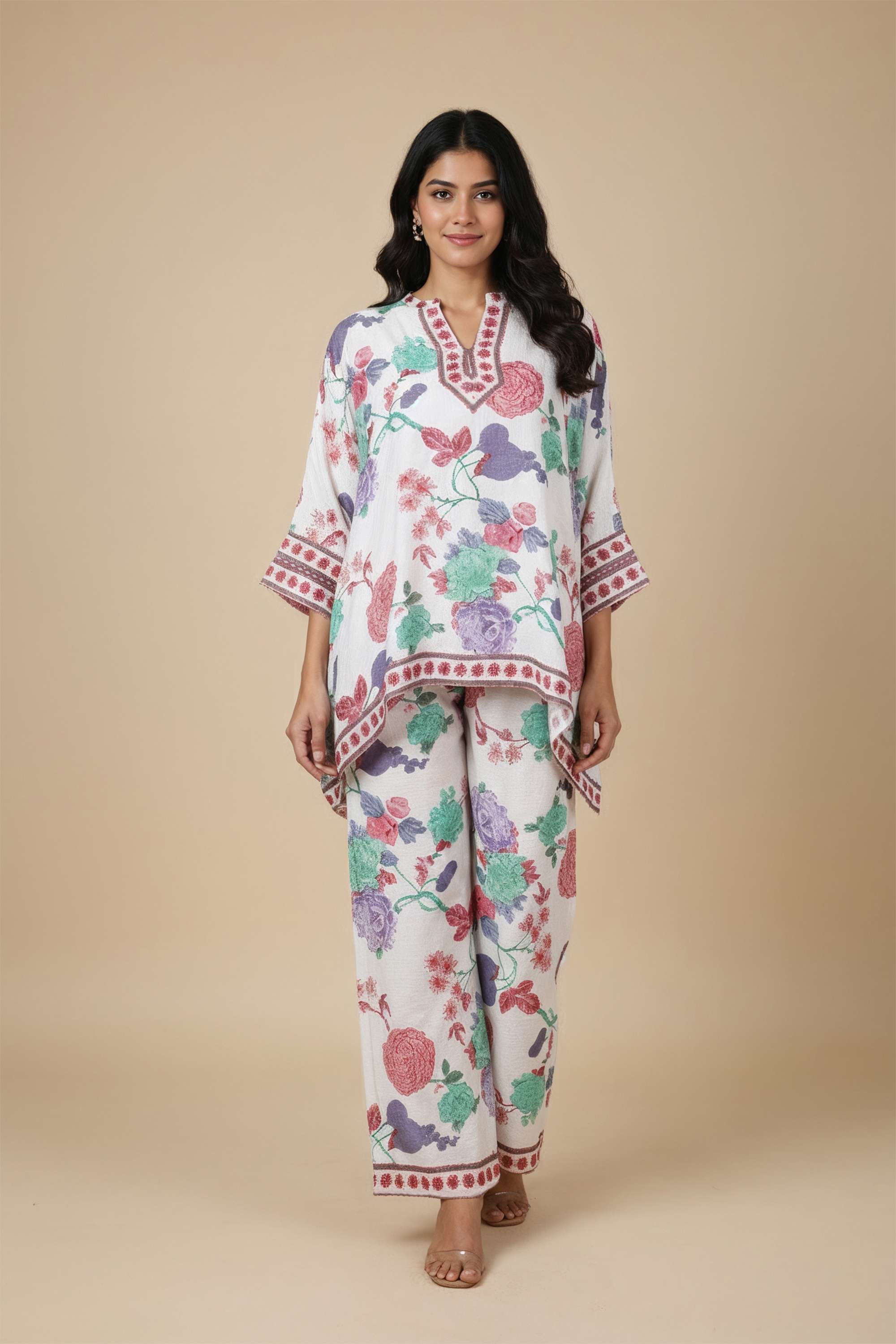 Printed-Y-Neck-Blended-Fabric-Women-s-Co-Ord-Set