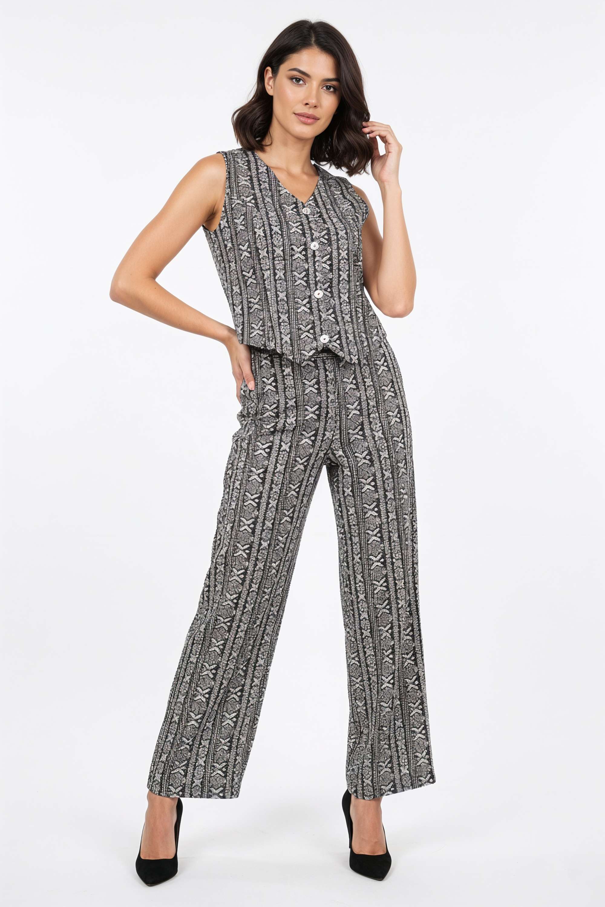 Printed-V-Neck-Blended-Fabric-Women-s-Co-Ord-Set