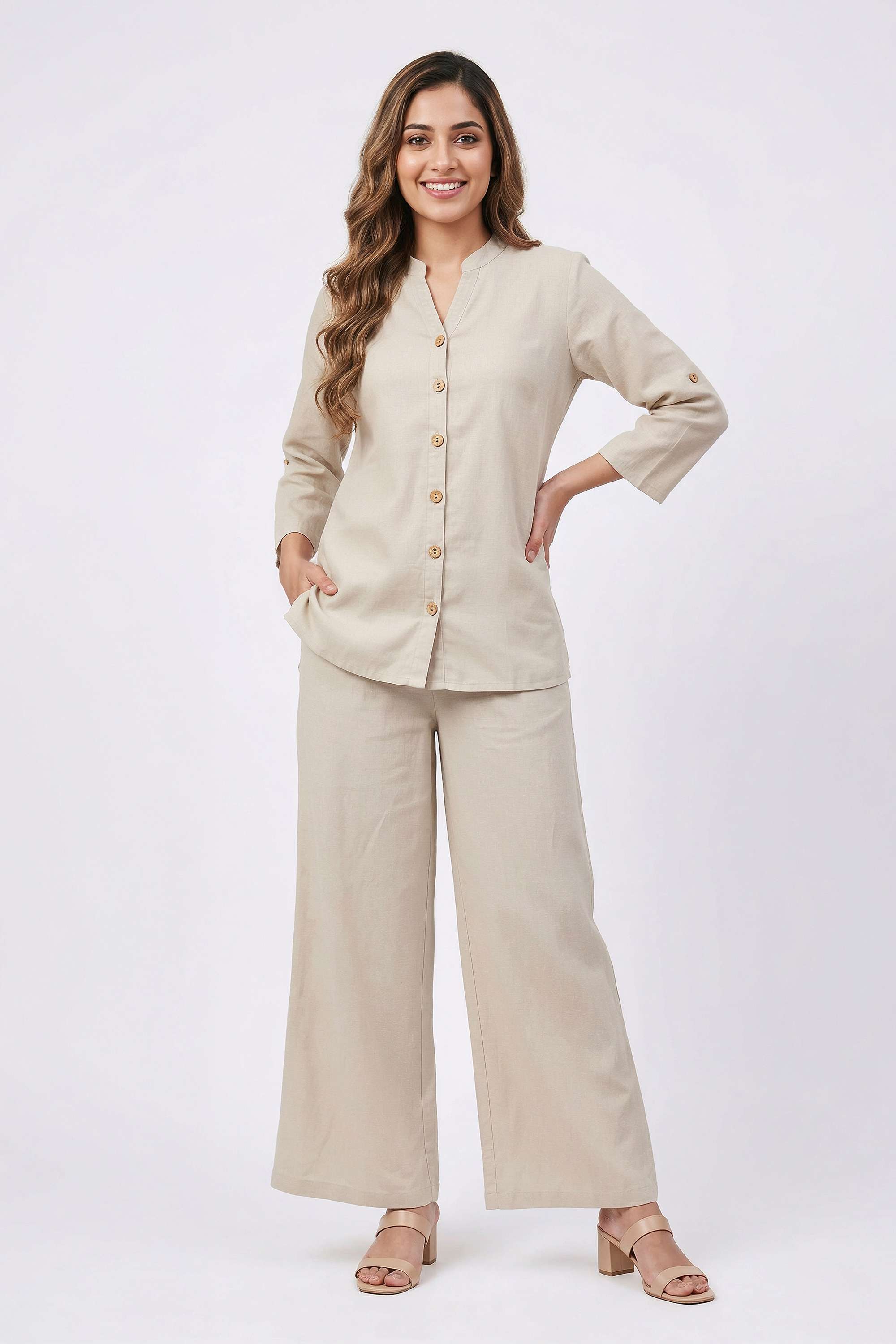 Solid-V-Neck-Blended-Fabric-Women-s-Co-Ord-Set