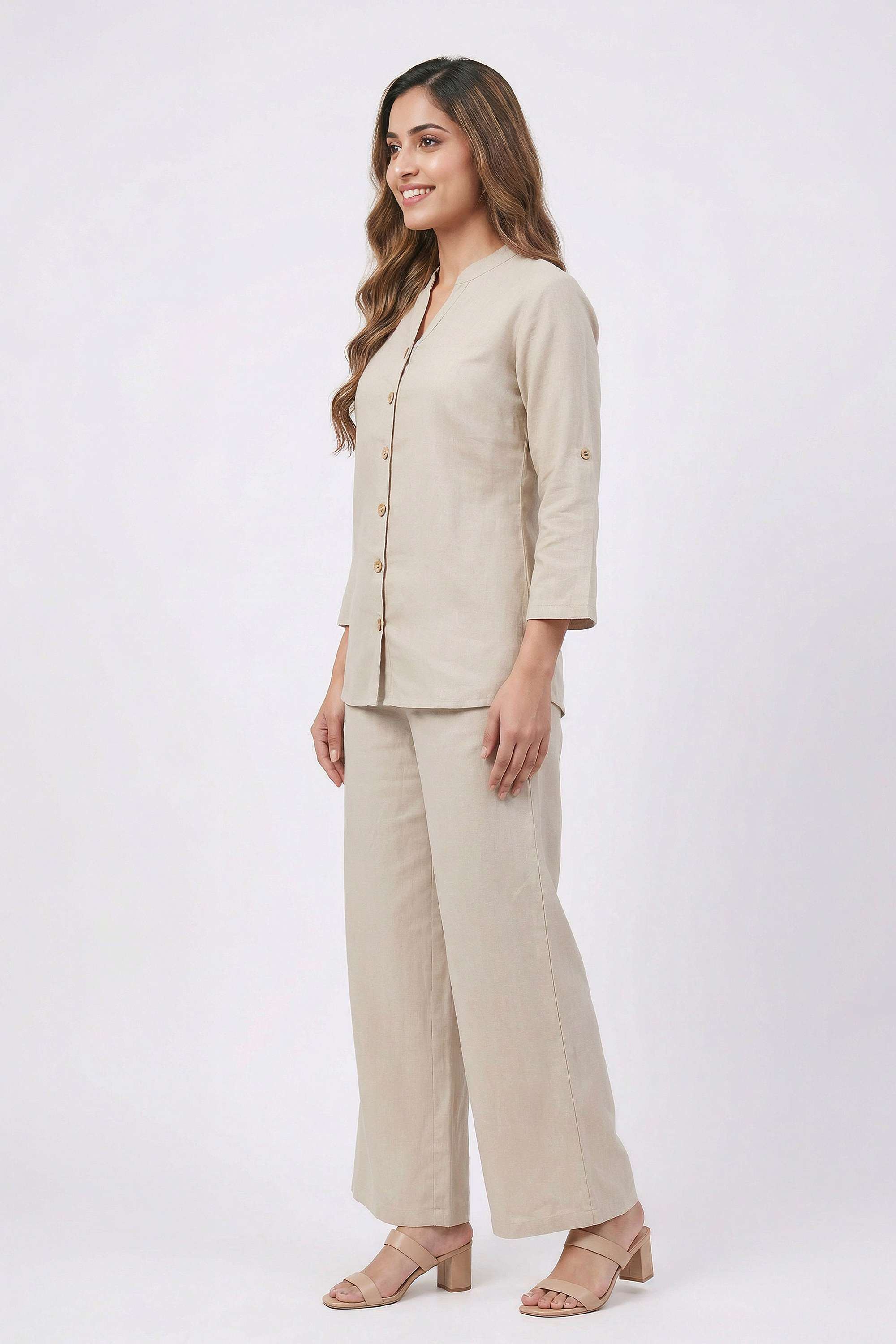 Solid-V-Neck-Blended-Fabric-Women-s-Co-Ord-Set