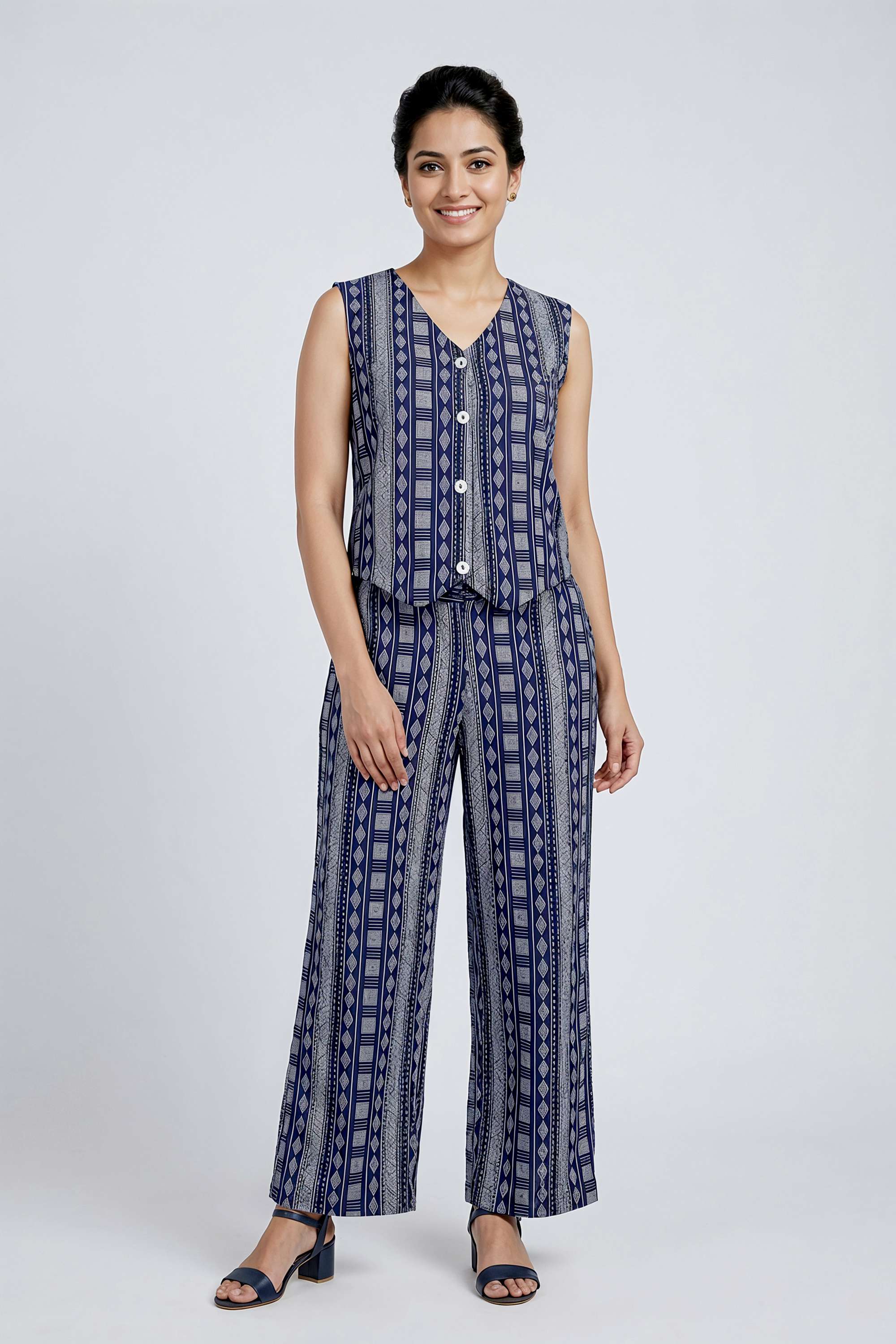 Solid-V-Neck-Blended-Fabric-Women-s-Co-Ord-Set