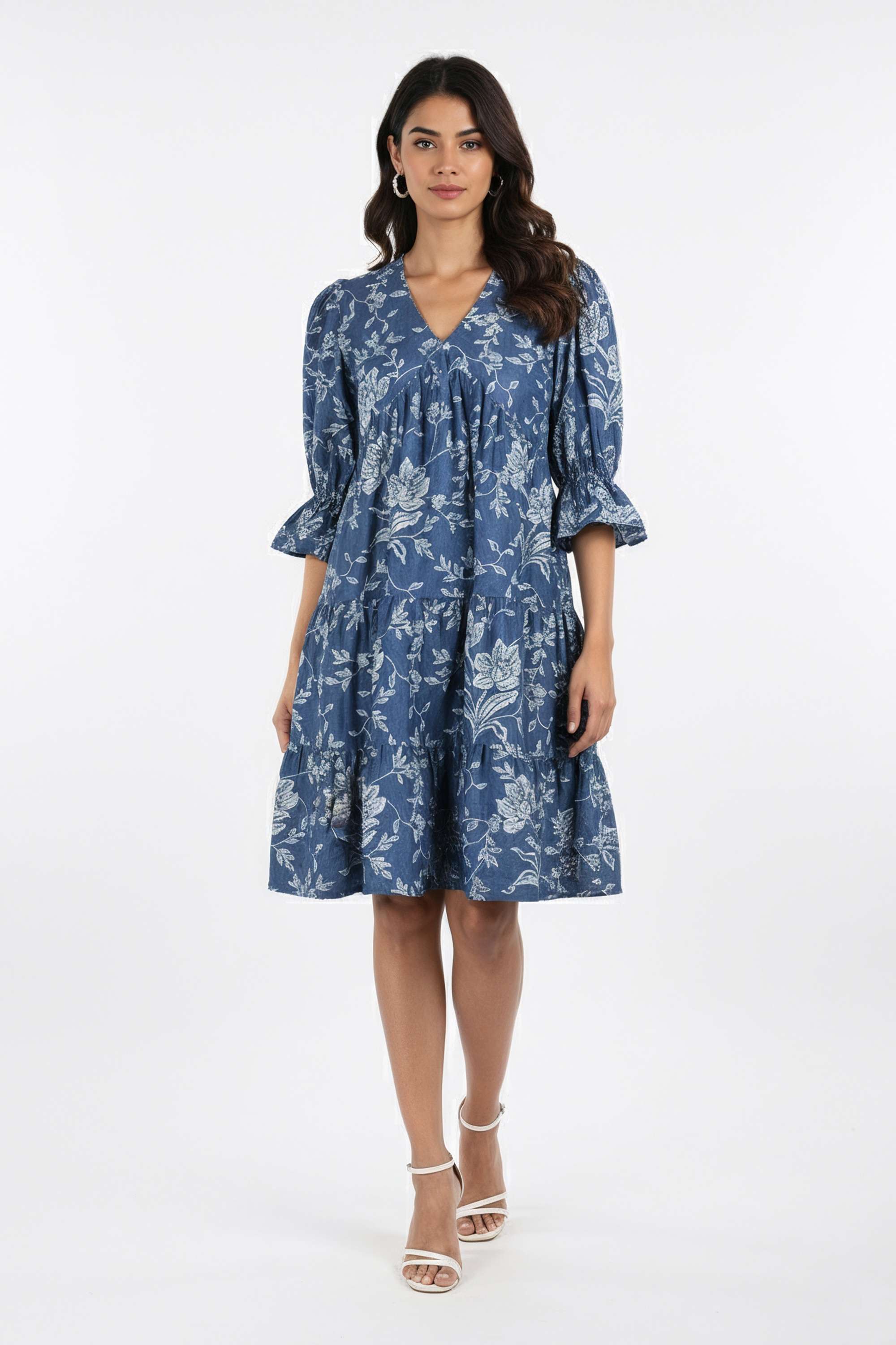 Printed-V-Neck-Denim-Women-Dress