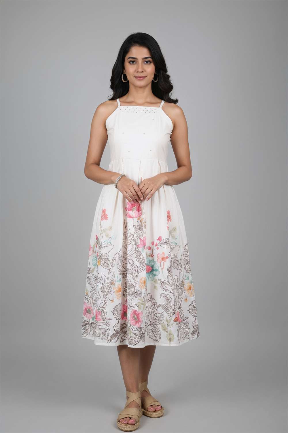 Printed-Scoop-Neck-Blended-Fabric-Women-Dress