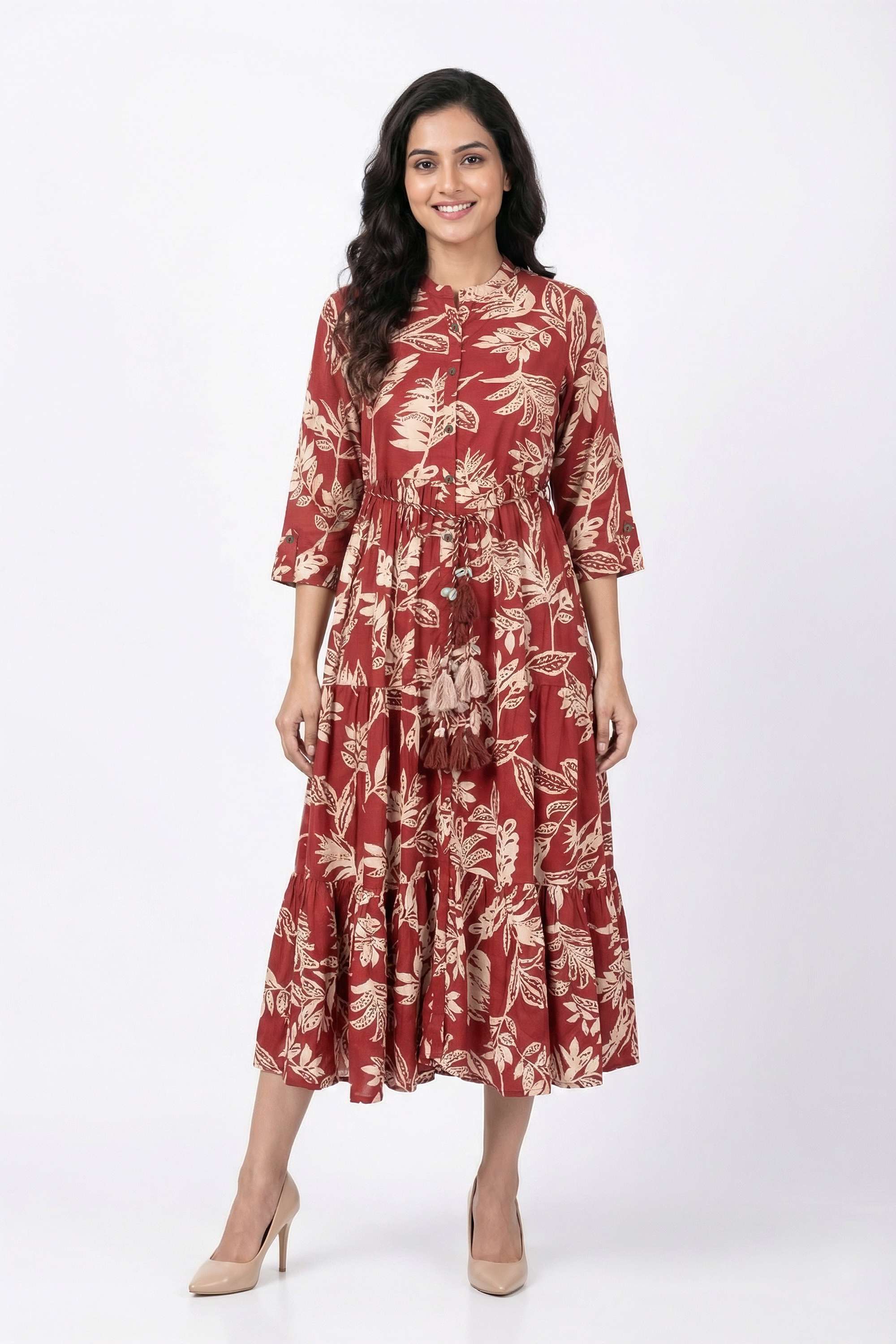 Floral-Henley-Blended-Fabric-Women-Dress