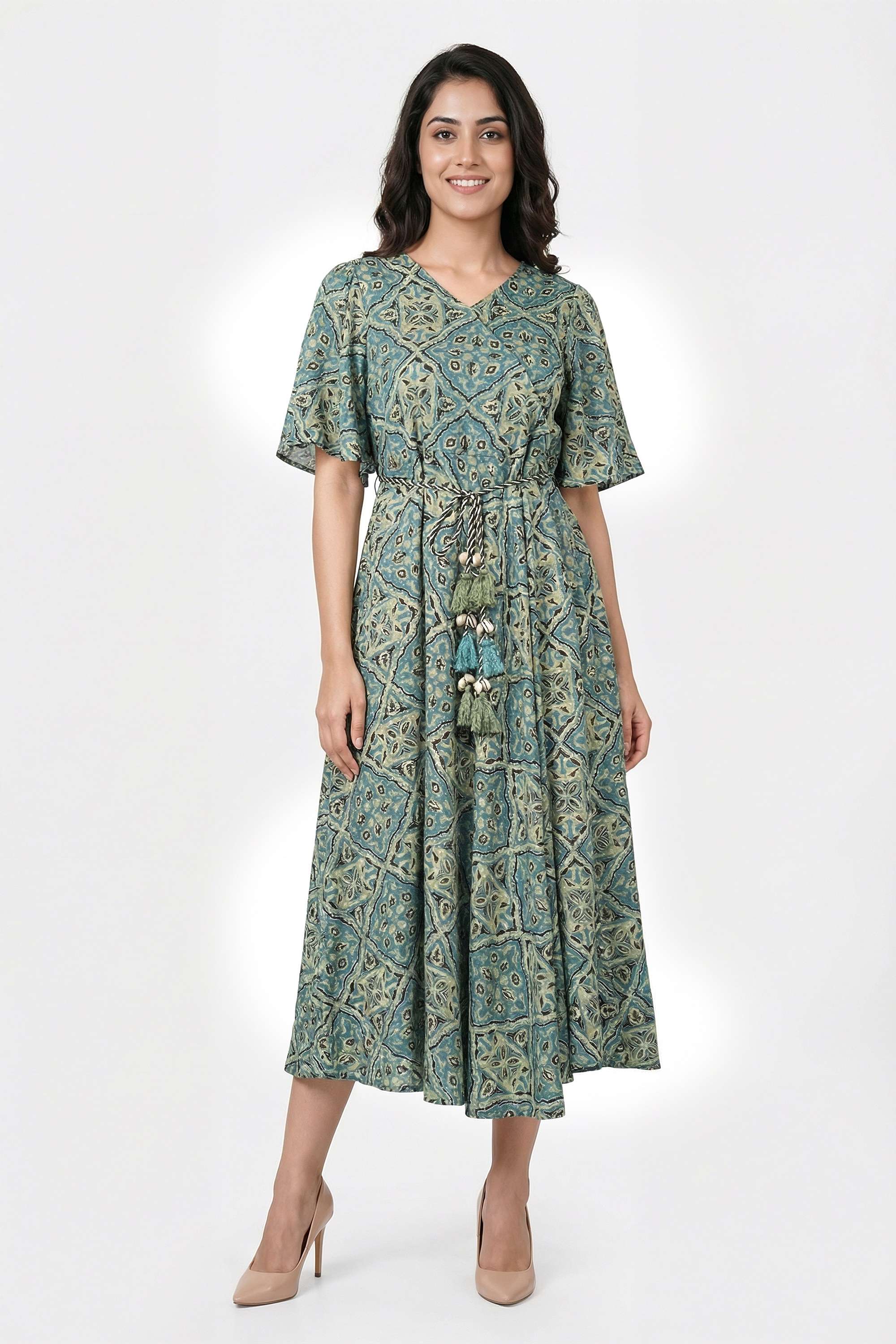 Block-Print-V-Neck-Rayon-Women-Dress
