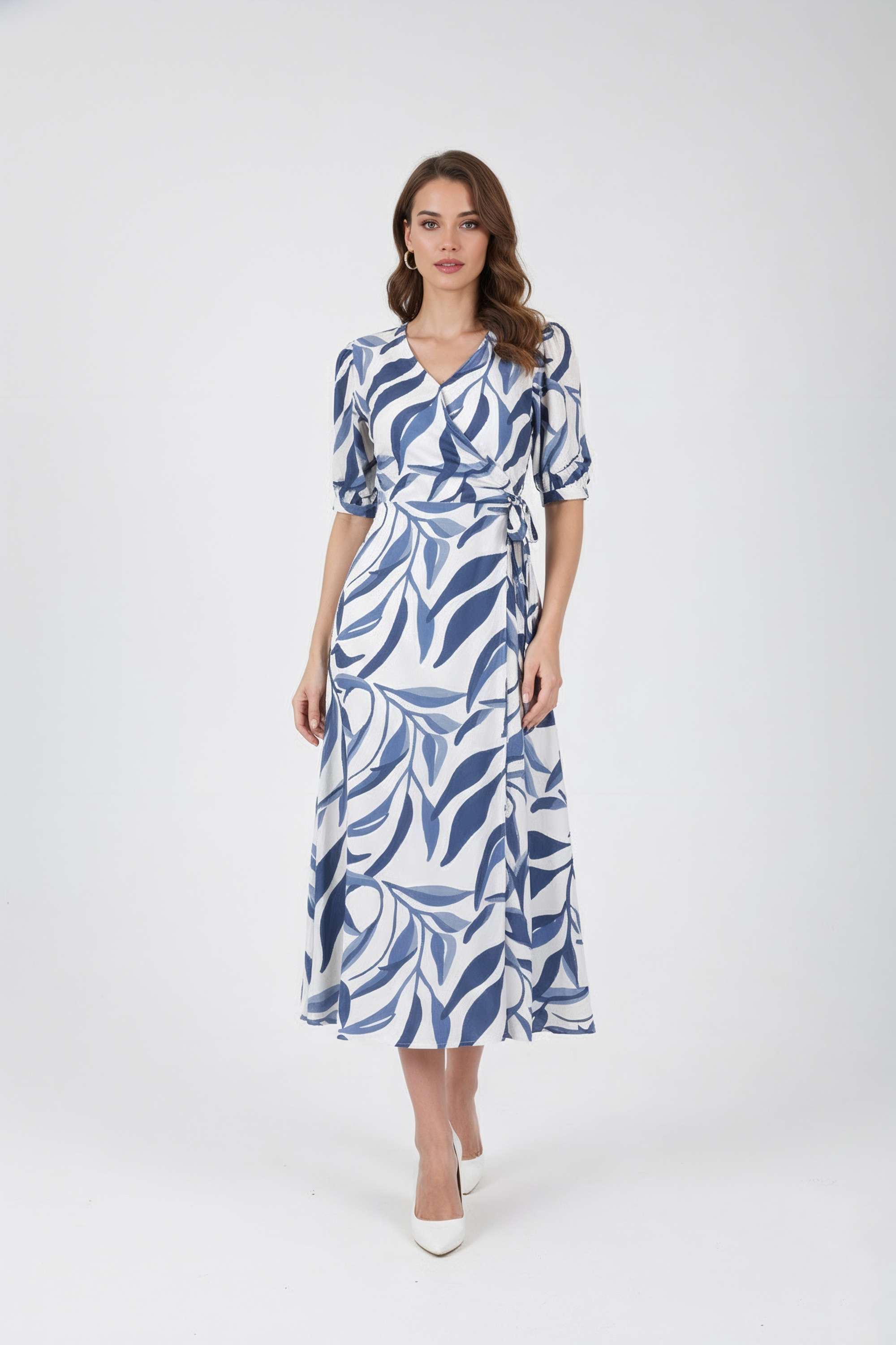 Floral-Plunging-Neck-Blended-Fabric-Women-Dress