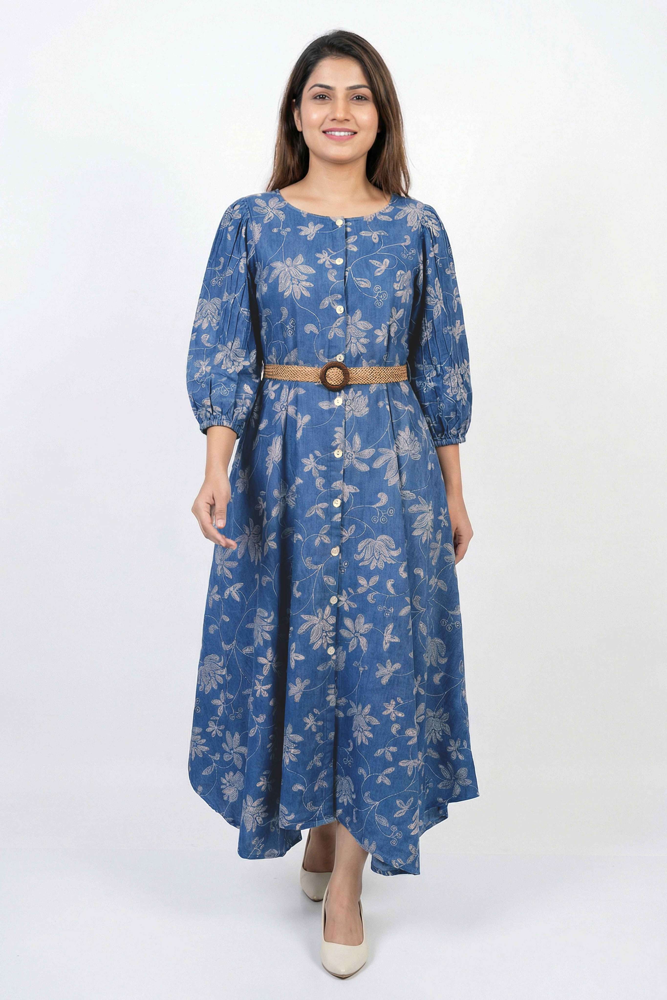 Printed-Round-Neck-Denim-Women-Dress