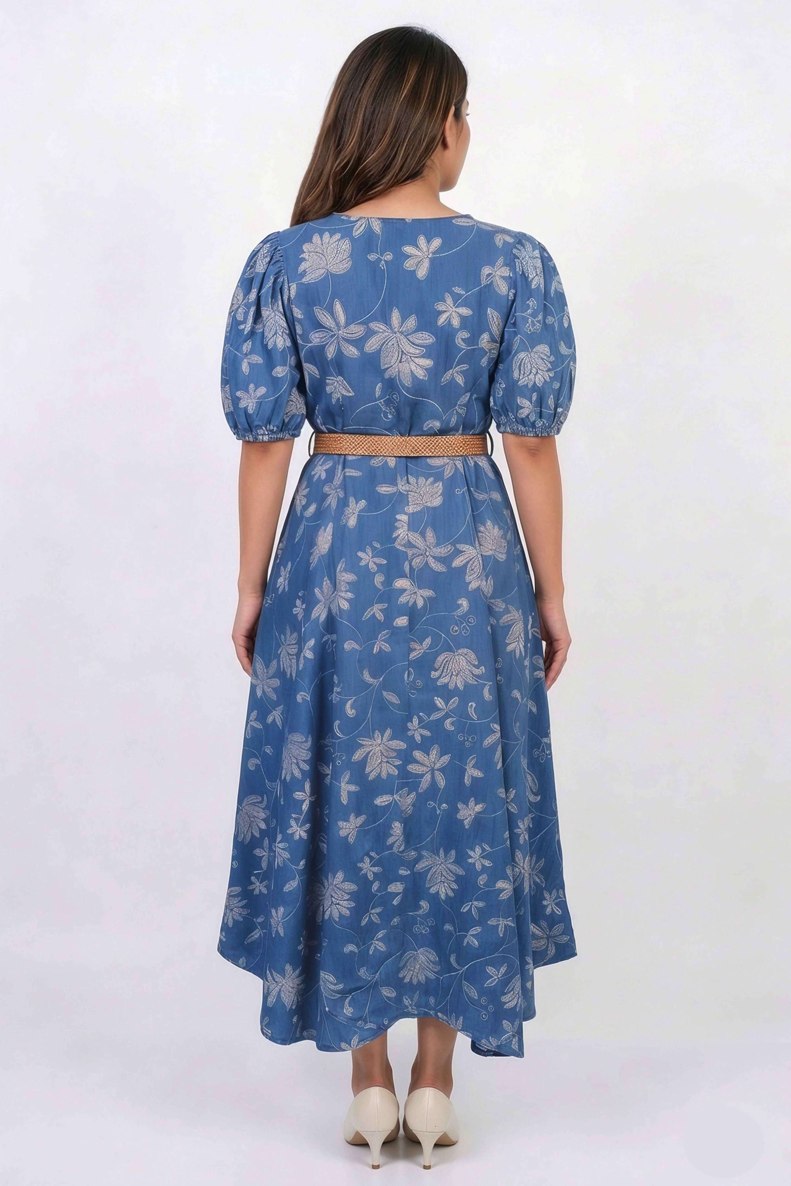 Printed-Round-Neck-Denim-Women-Dress