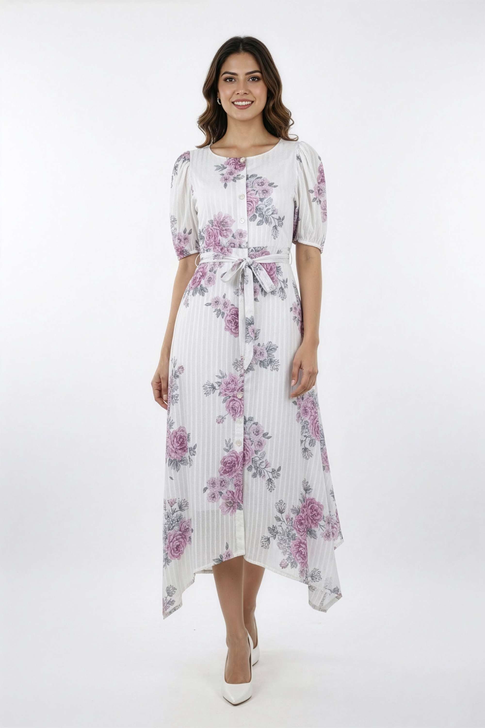 Printed-Round-Neck-Blended-Fabric-Women-Dress