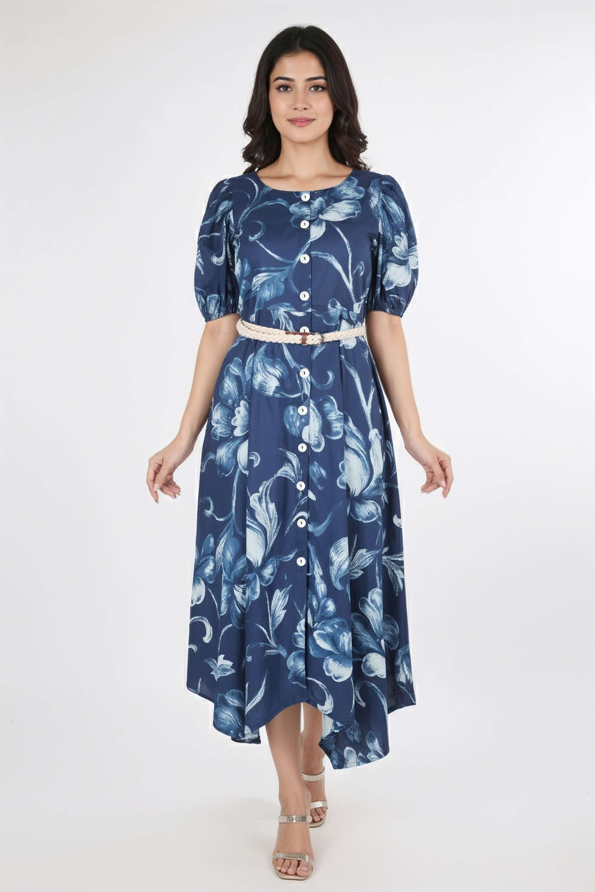 Printed-Round-Neck-Blended-Fabric-Women-Dress