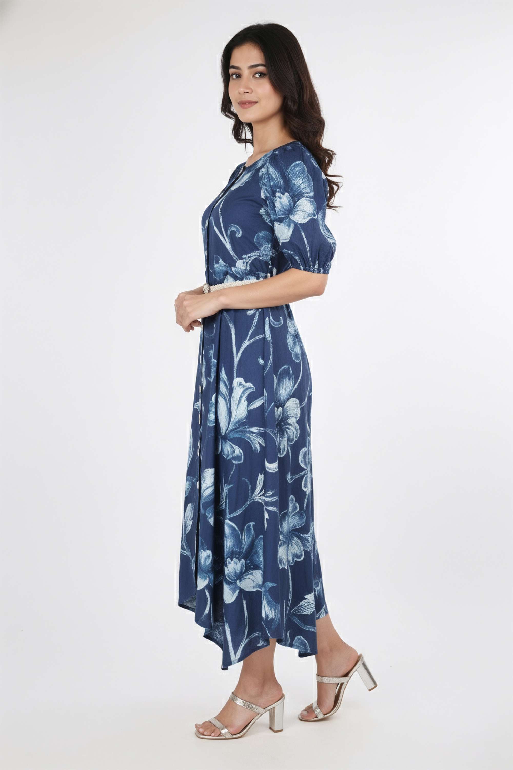Printed-Round-Neck-Blended-Fabric-Women-Dress