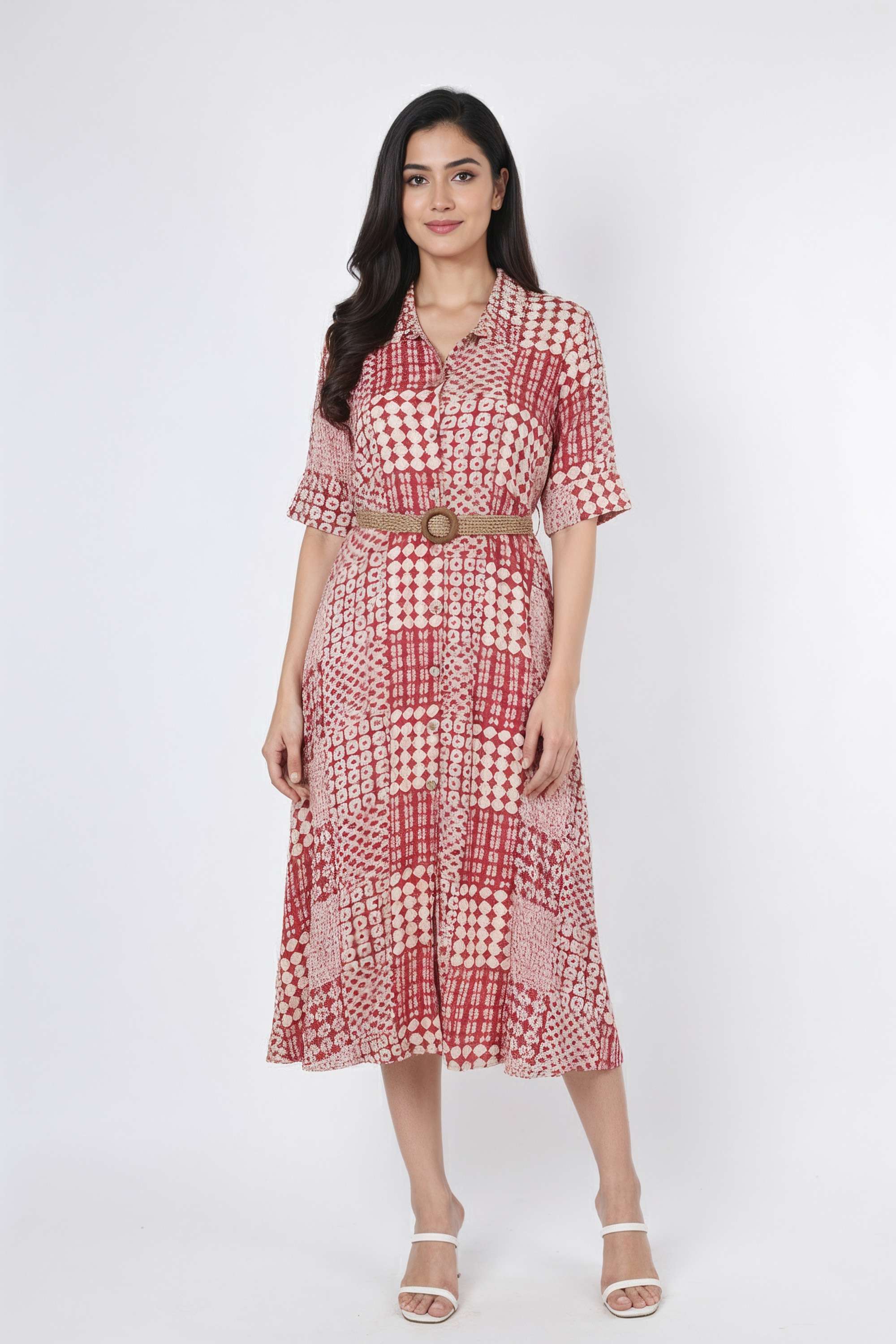 Printed-Collared-Blended-Fabric-Women-Dress