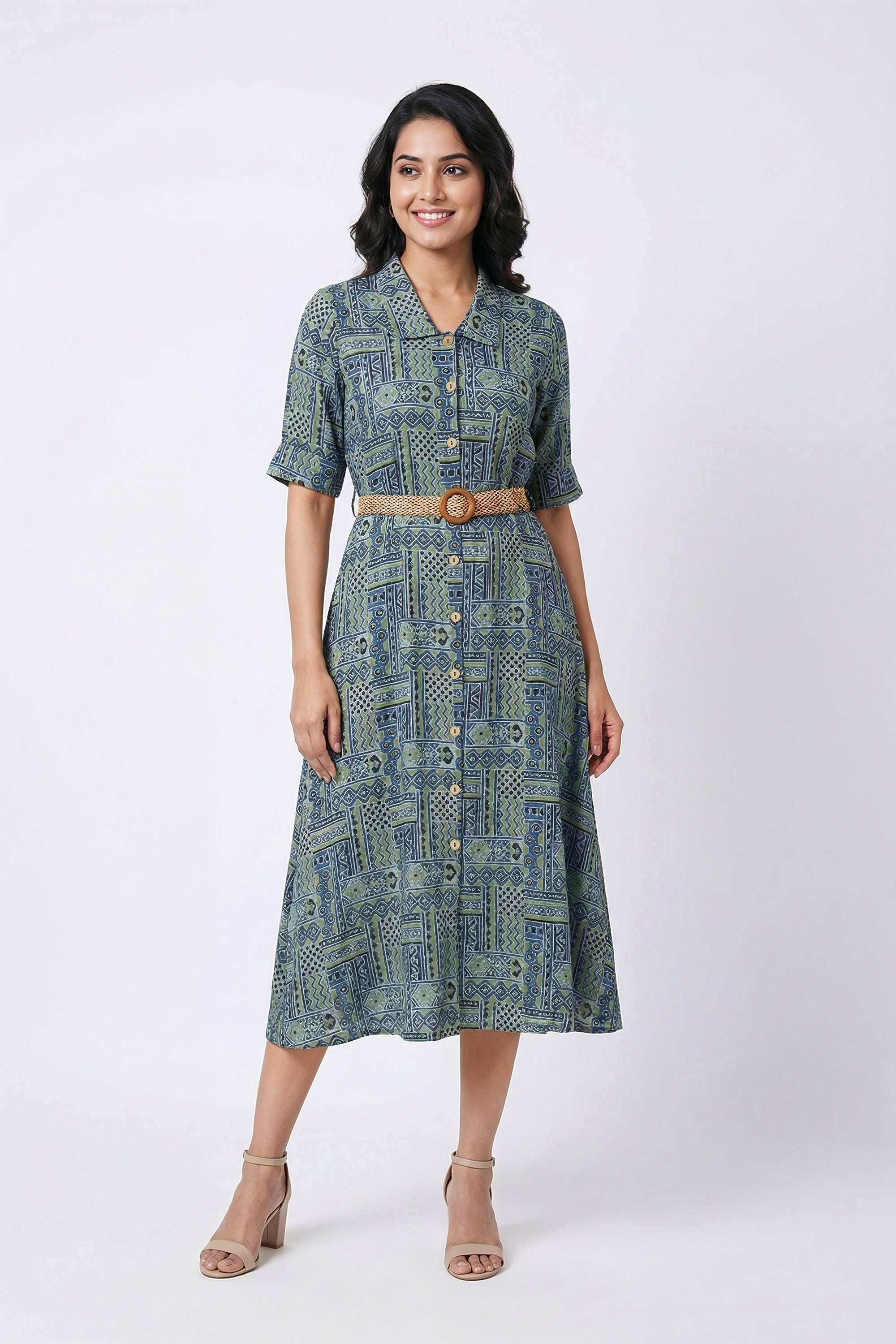 Block-Print-Collared-Blended-Fabric-Women-Dress