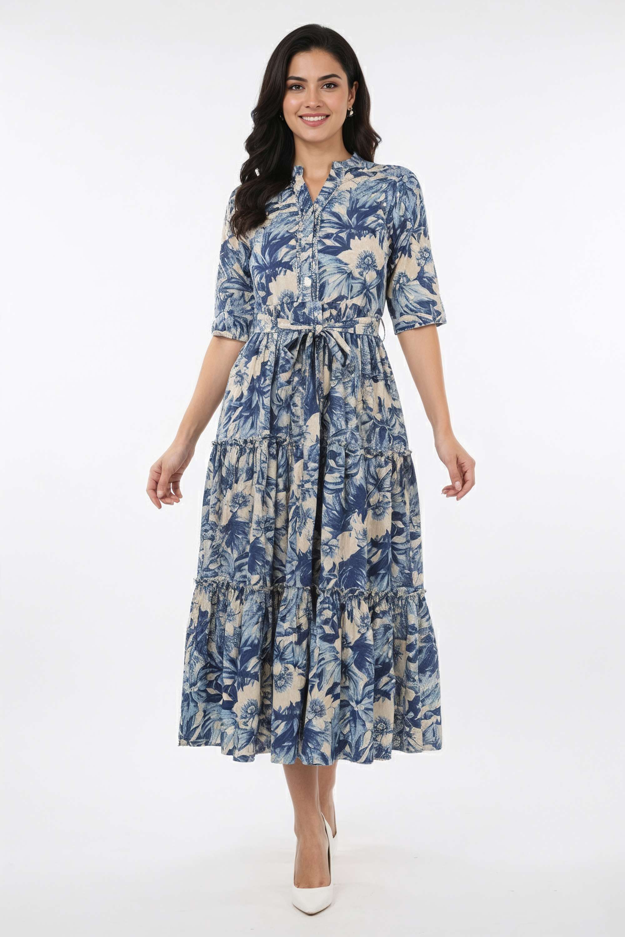 Printed-Collared-Blended-Fabric-Women-Dress