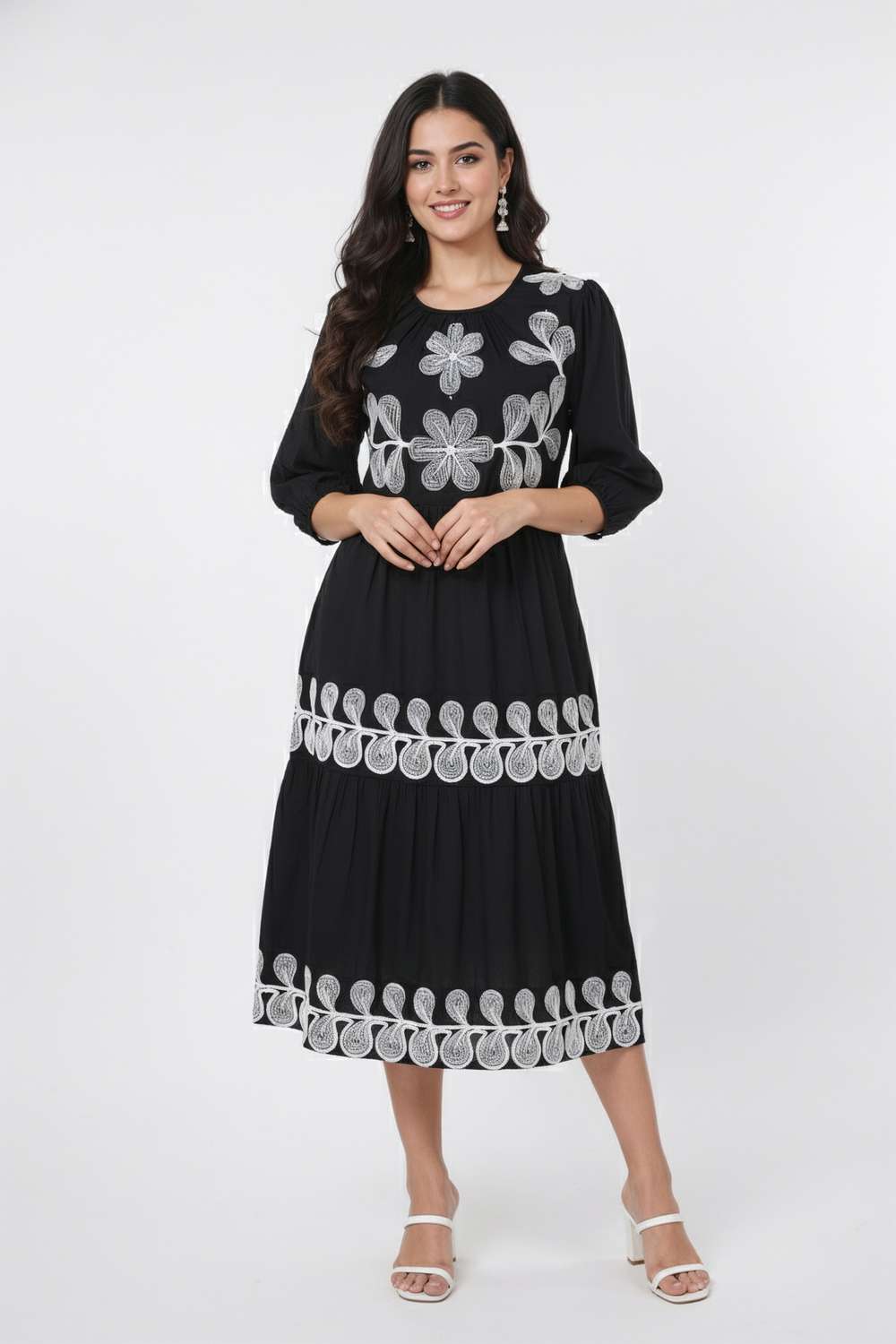 Embroidered-Round-Neck-Blended-Fabric-Women-Dress
