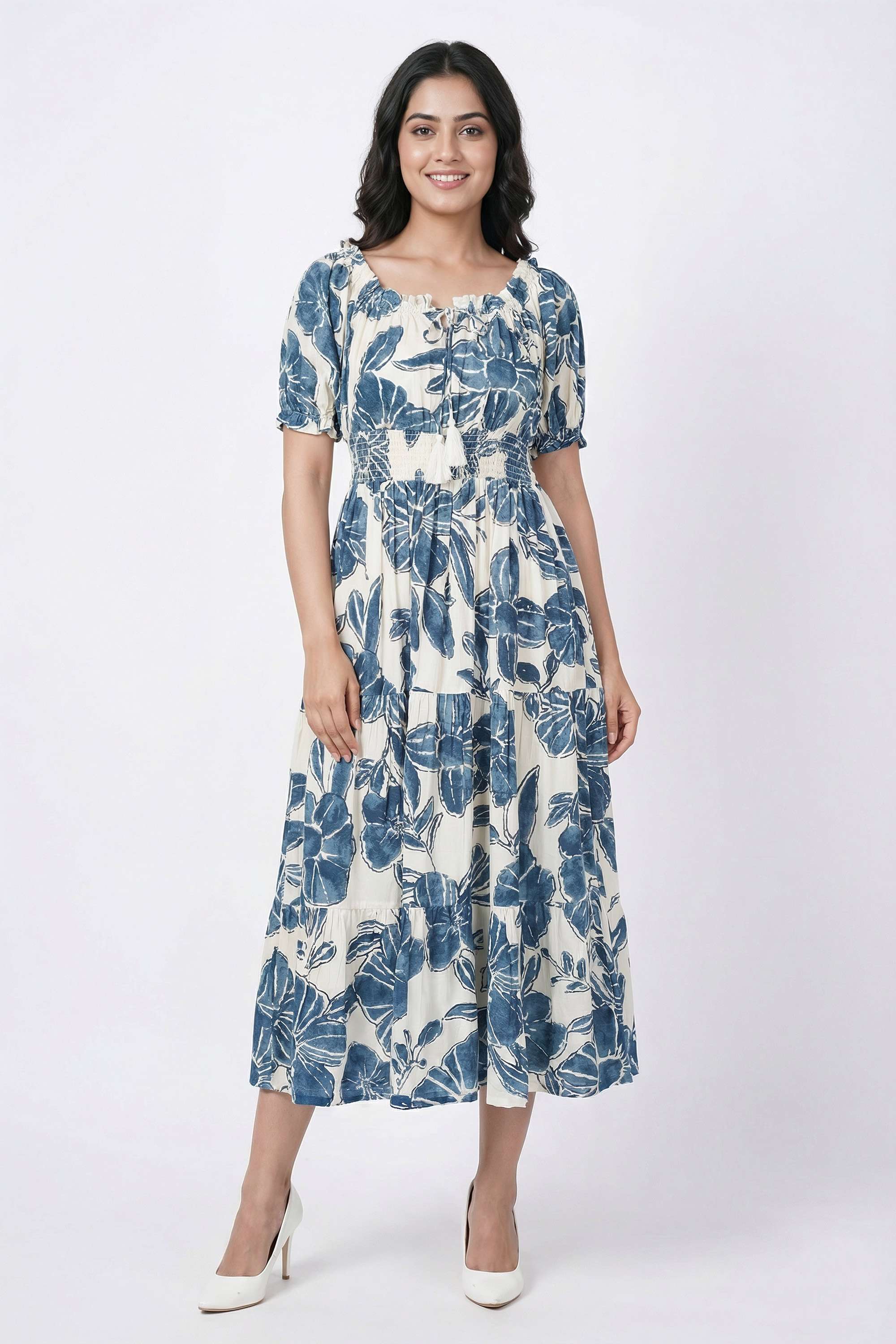 Floral-Scoop-Neck-Rayon-Women-Dress