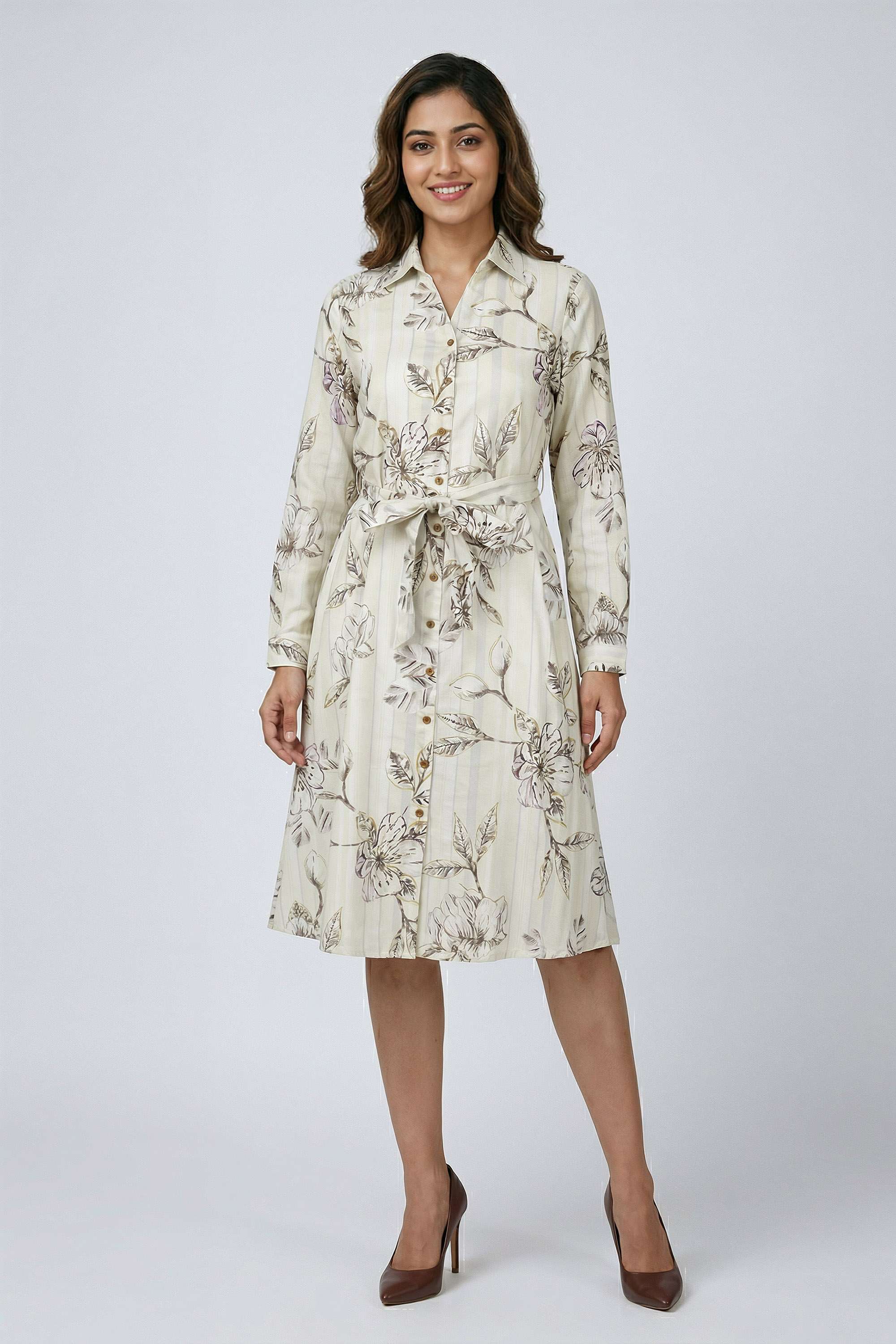 Solid-Collared-Blended-Fabric-Women-s-Dress