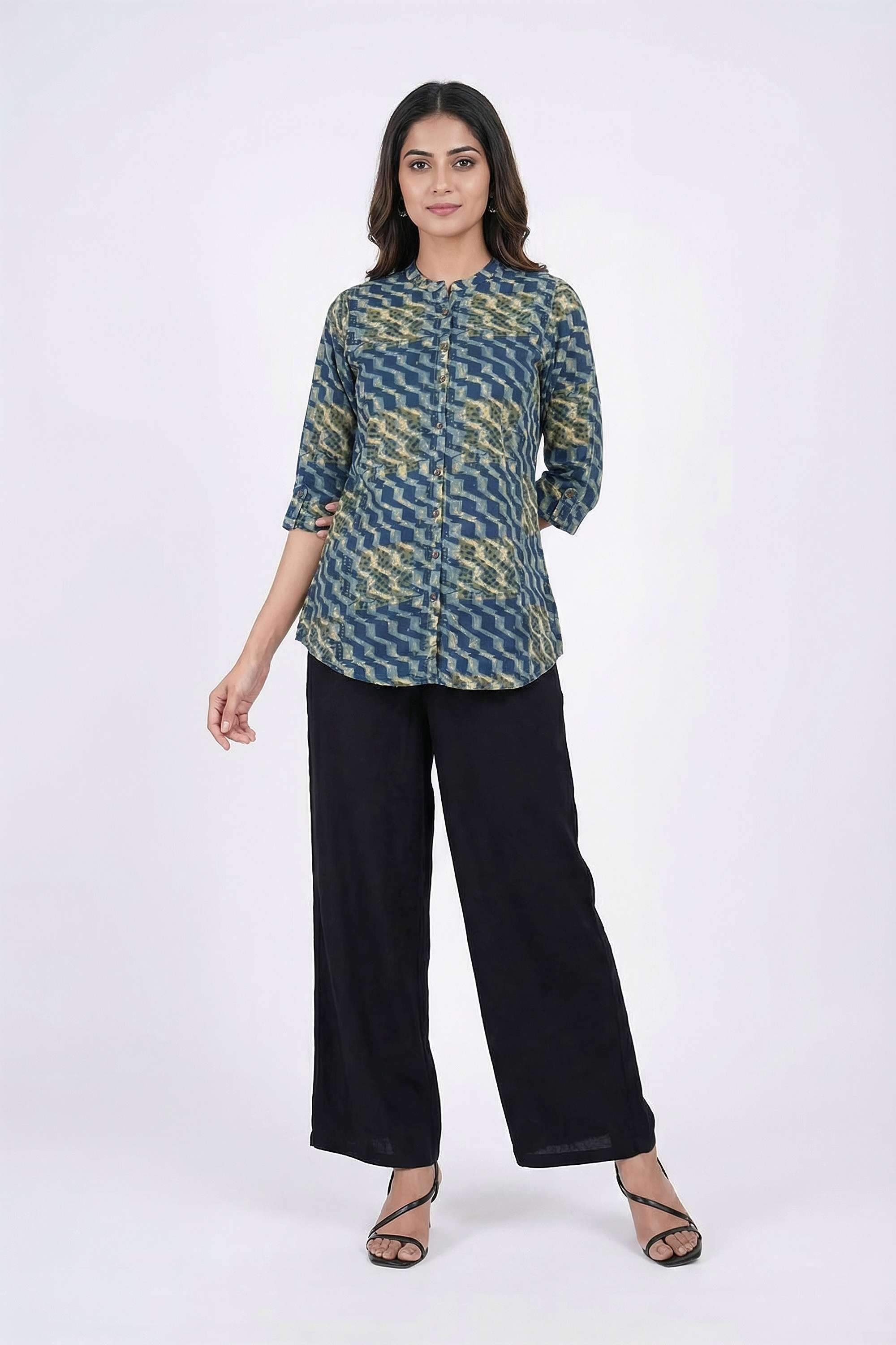 Block-Print-Blended-Fabric-Collared-Women-s-Tunic