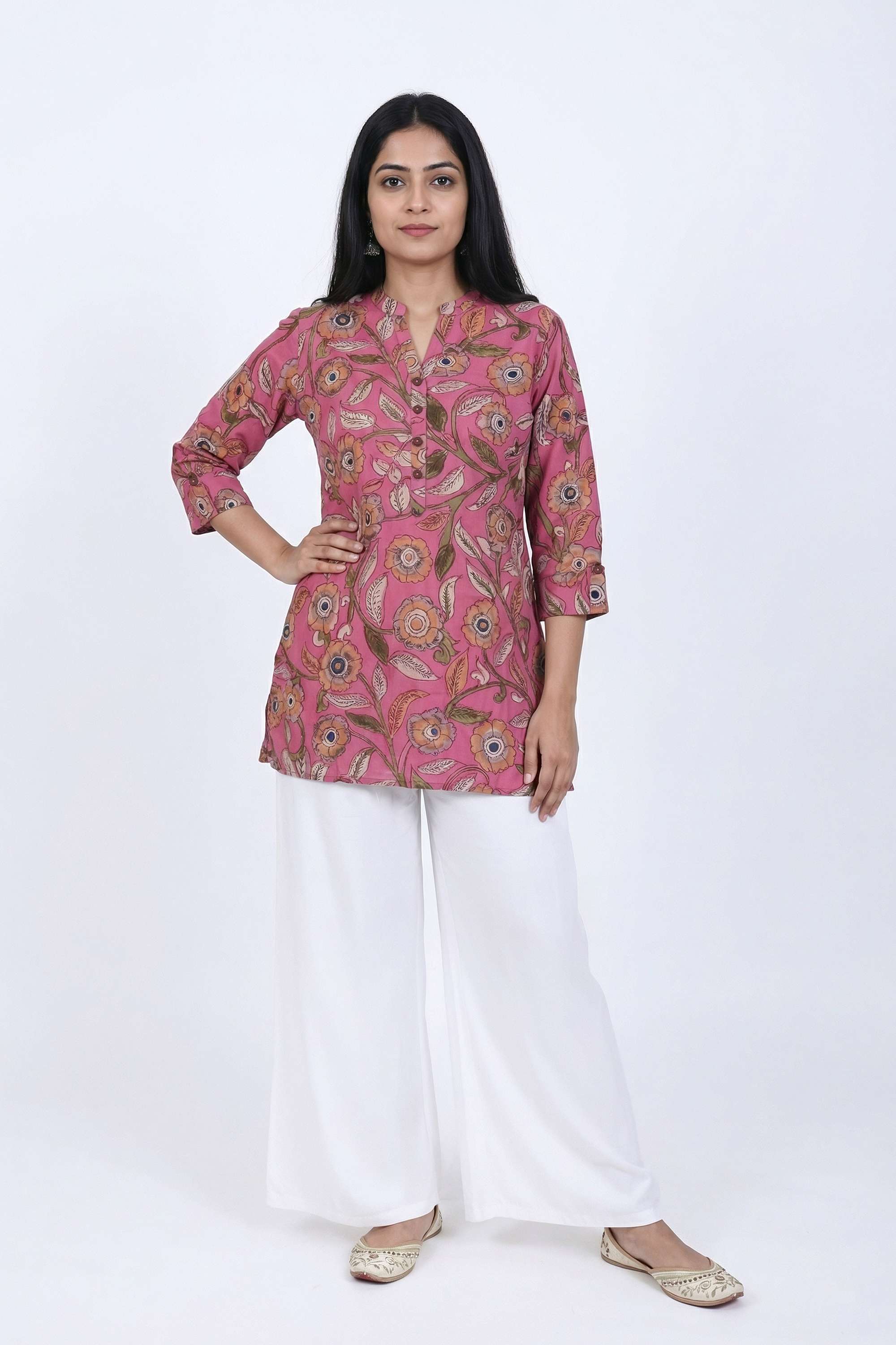 Floral-Henley-Blended-Fabric-Women-s-Tunic