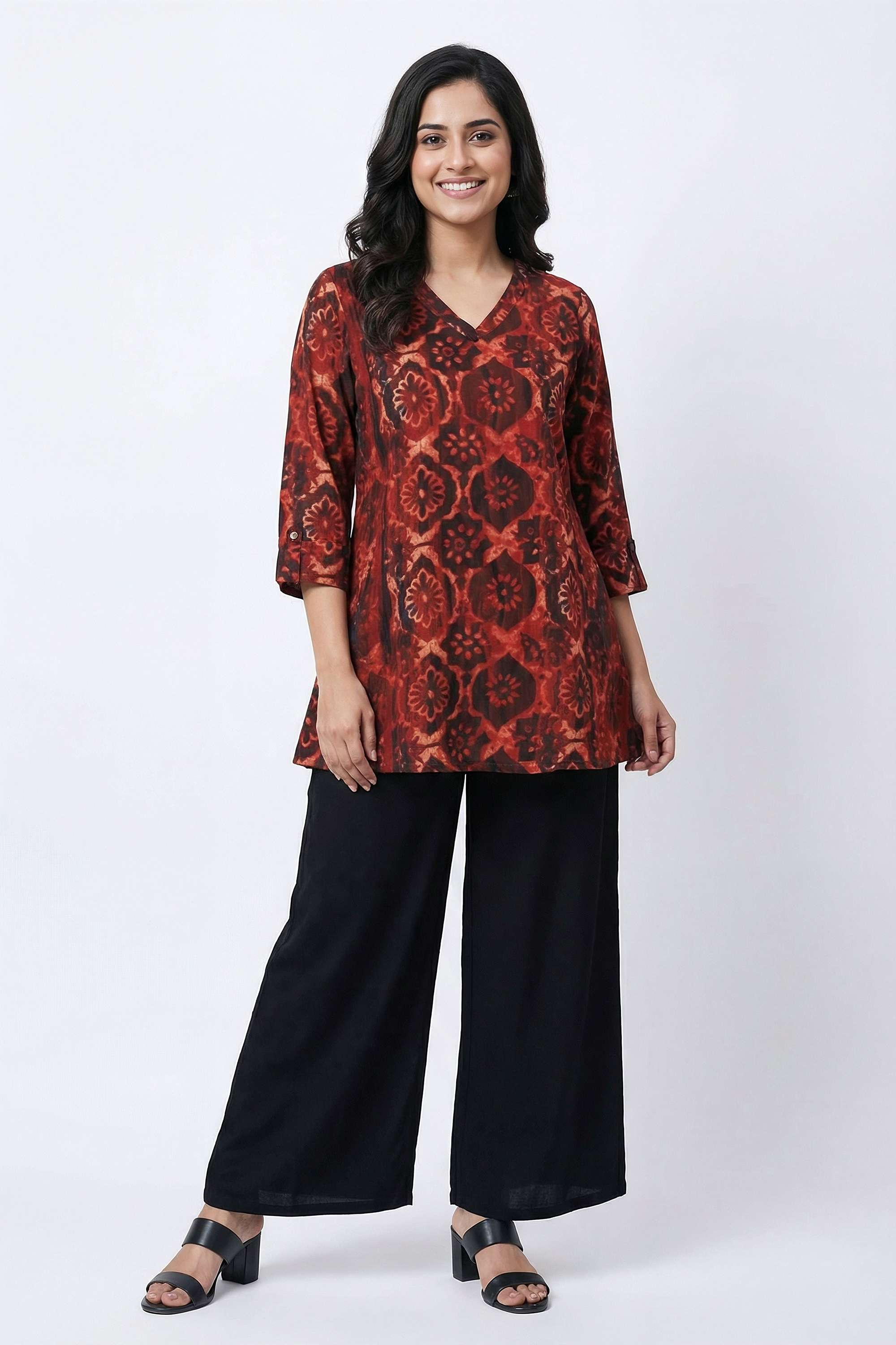 Block-Print-Blended-Fabric-V-Neck-Women-s-Tunic