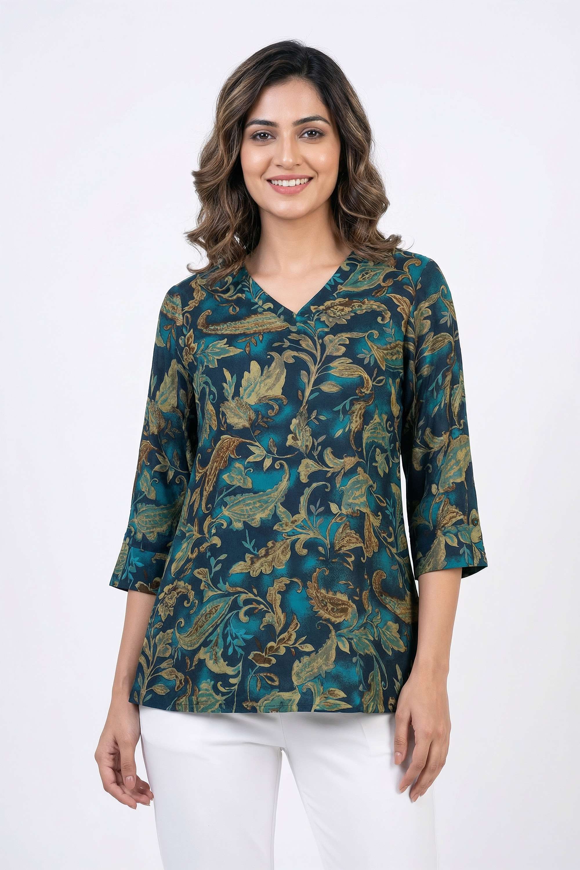 Floral-Rayon-V-Neck-Women-s-Tunic