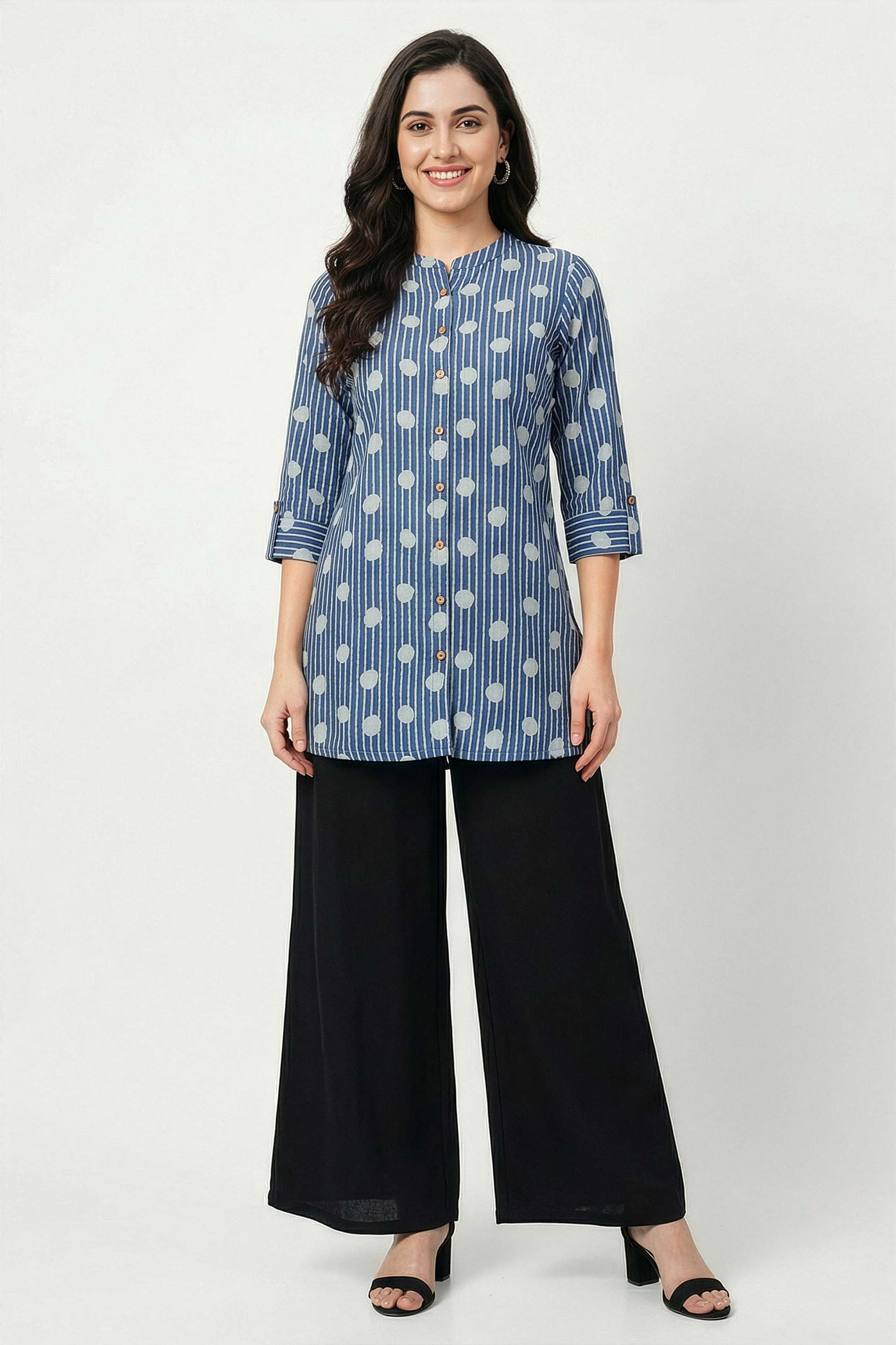Polka-Dots-Blended-Fabric-Collared-Women-s-Tunic